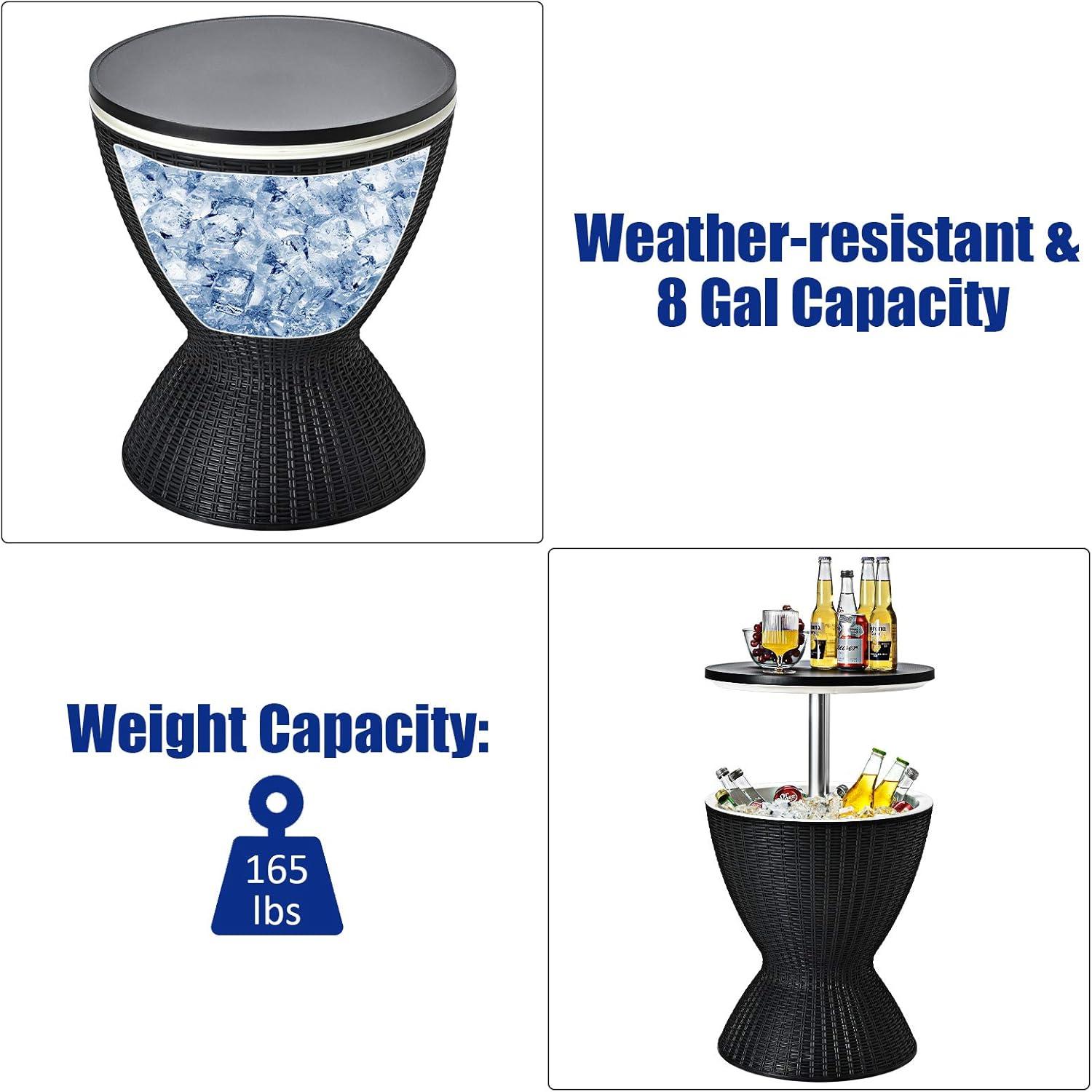 image:imageGiantex Cool Bar Table 8 Gallon Beer and Wine Cooler Rattan Style Patio Bar Tables Height Adjustable 3in1 Ice Cooler with Drainage Plug Outdoor Cocktail Table for Deck Pool Party TaupeBlack
