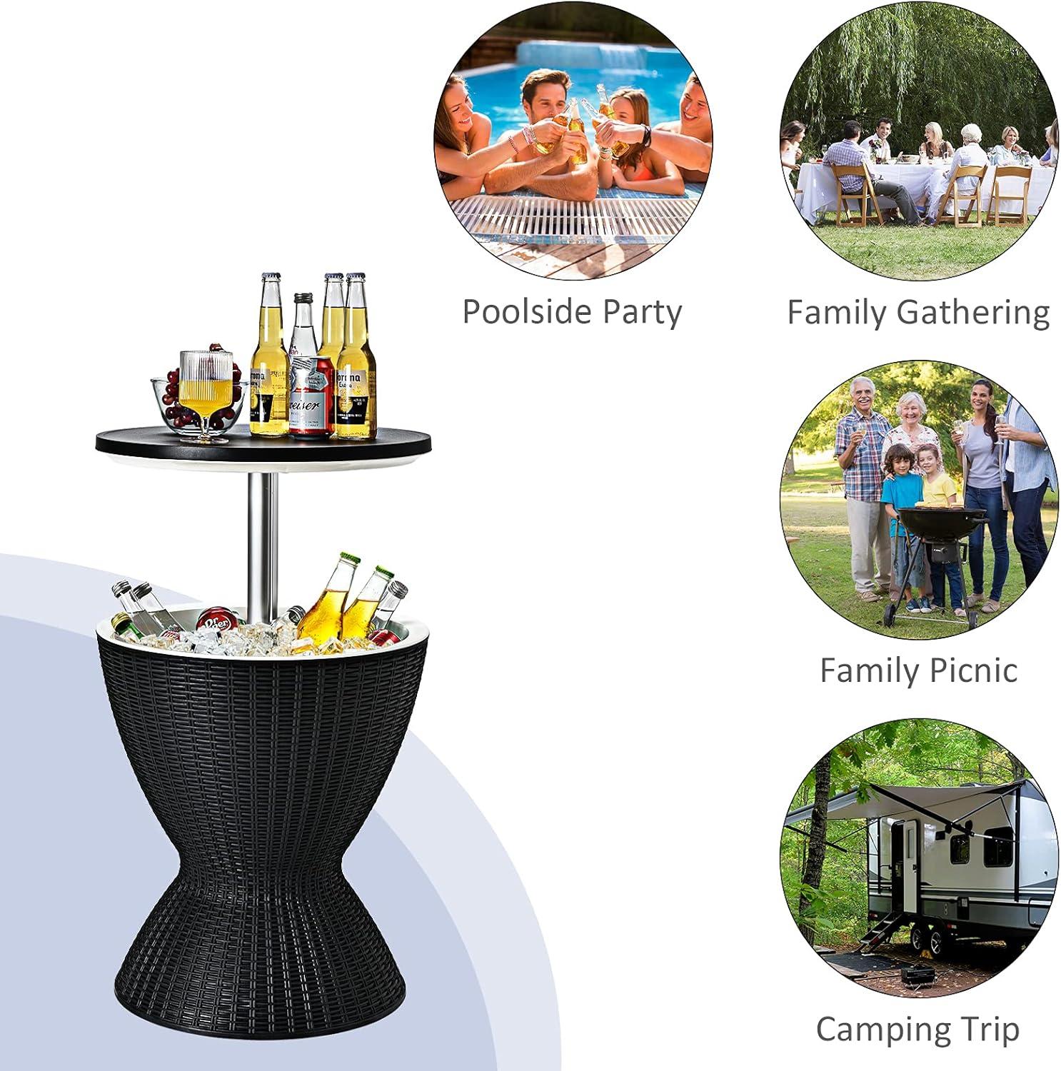 image:imageGiantex Cool Bar Table 8 Gallon Beer and Wine Cooler Rattan Style Patio Bar Tables Height Adjustable 3in1 Ice Cooler with Drainage Plug Outdoor Cocktail Table for Deck Pool Party TaupeBlack