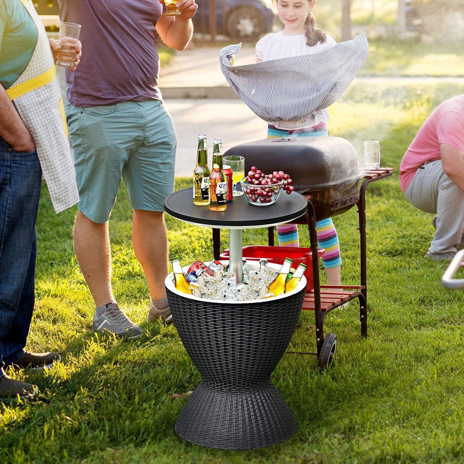 image:imageGiantex Cool Bar Table 8 Gallon Beer and Wine Cooler Rattan Style Patio Bar Tables Height Adjustable 3in1 Ice Cooler with Drainage Plug Outdoor Cocktail Table for Deck Pool Party TaupeBlack