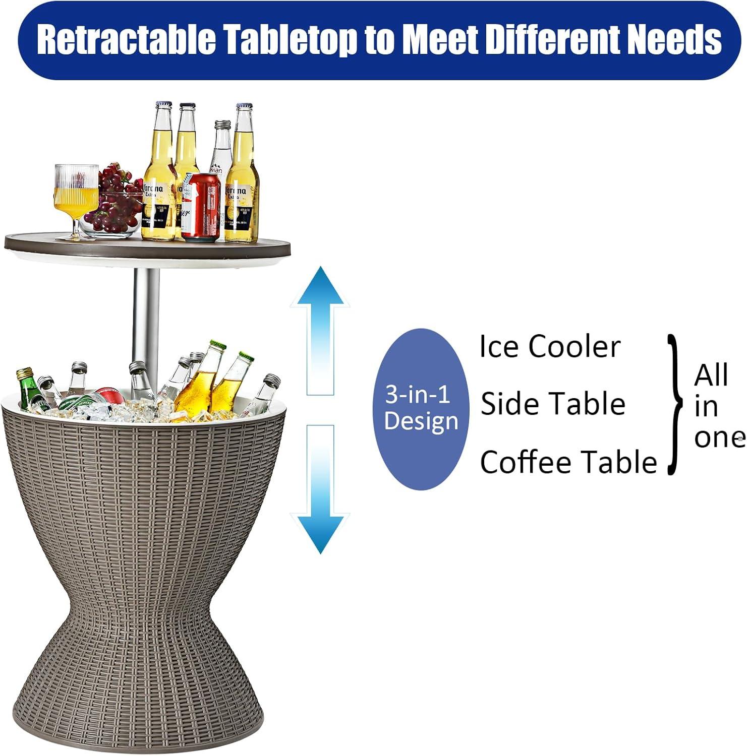 image:imageGiantex Cool Bar Table 8 Gallon Beer and Wine Cooler Rattan Style Patio Bar Tables Height Adjustable 3in1 Ice Cooler with Drainage Plug Outdoor Cocktail Table for Deck Pool Party TaupeTaupe