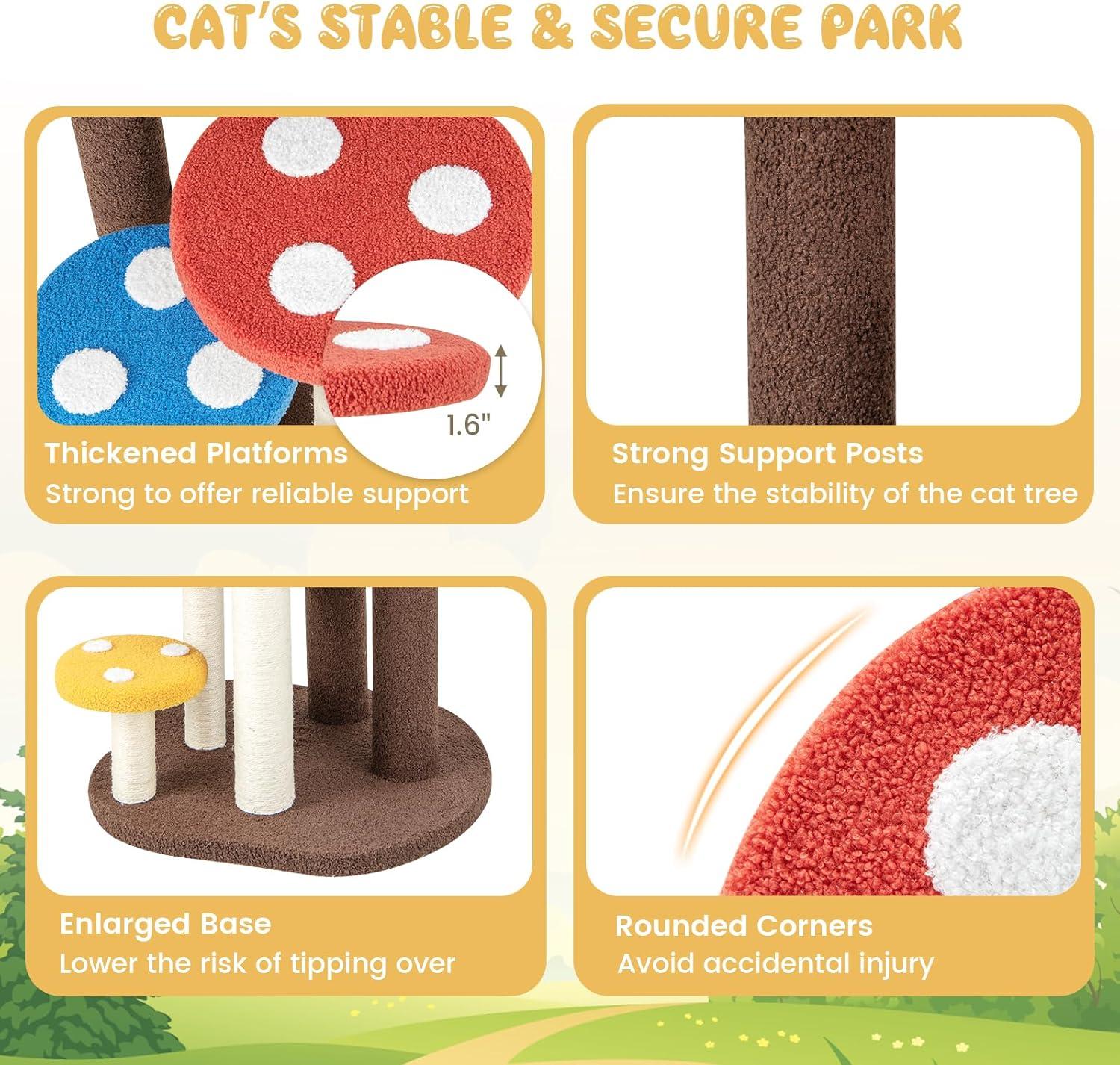 image:imageGiantex Cute Cat Tree 37 Inches Mushroom Cat Tower with 3 FullWrapped Sisal Scratching Post Padded Top Perch Washable Mat MultiLevel Cat Activity Tree for Indoor Cats Kitten