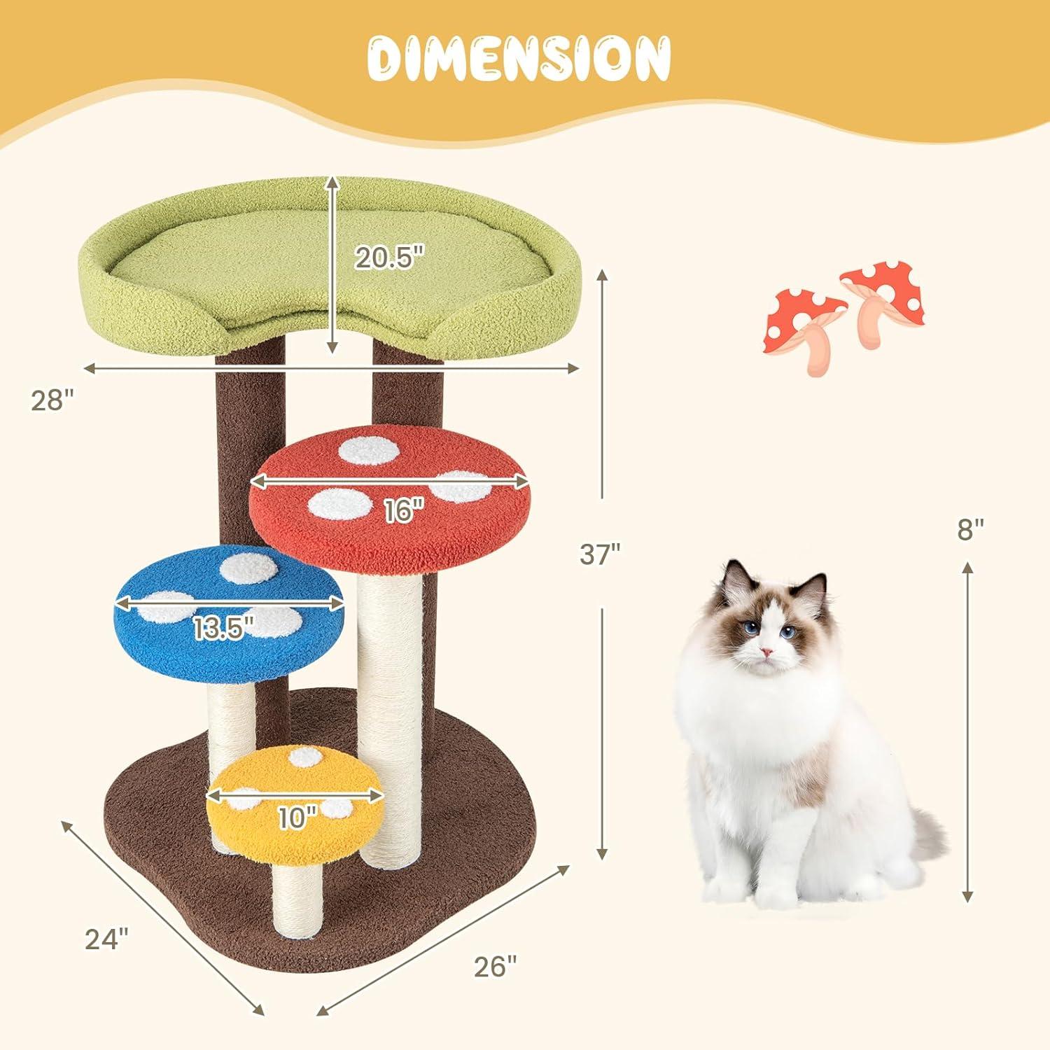 image:imageGiantex Cute Cat Tree 37 Inches Mushroom Cat Tower with 3 FullWrapped Sisal Scratching Post Padded Top Perch Washable Mat MultiLevel Cat Activity Tree for Indoor Cats Kitten