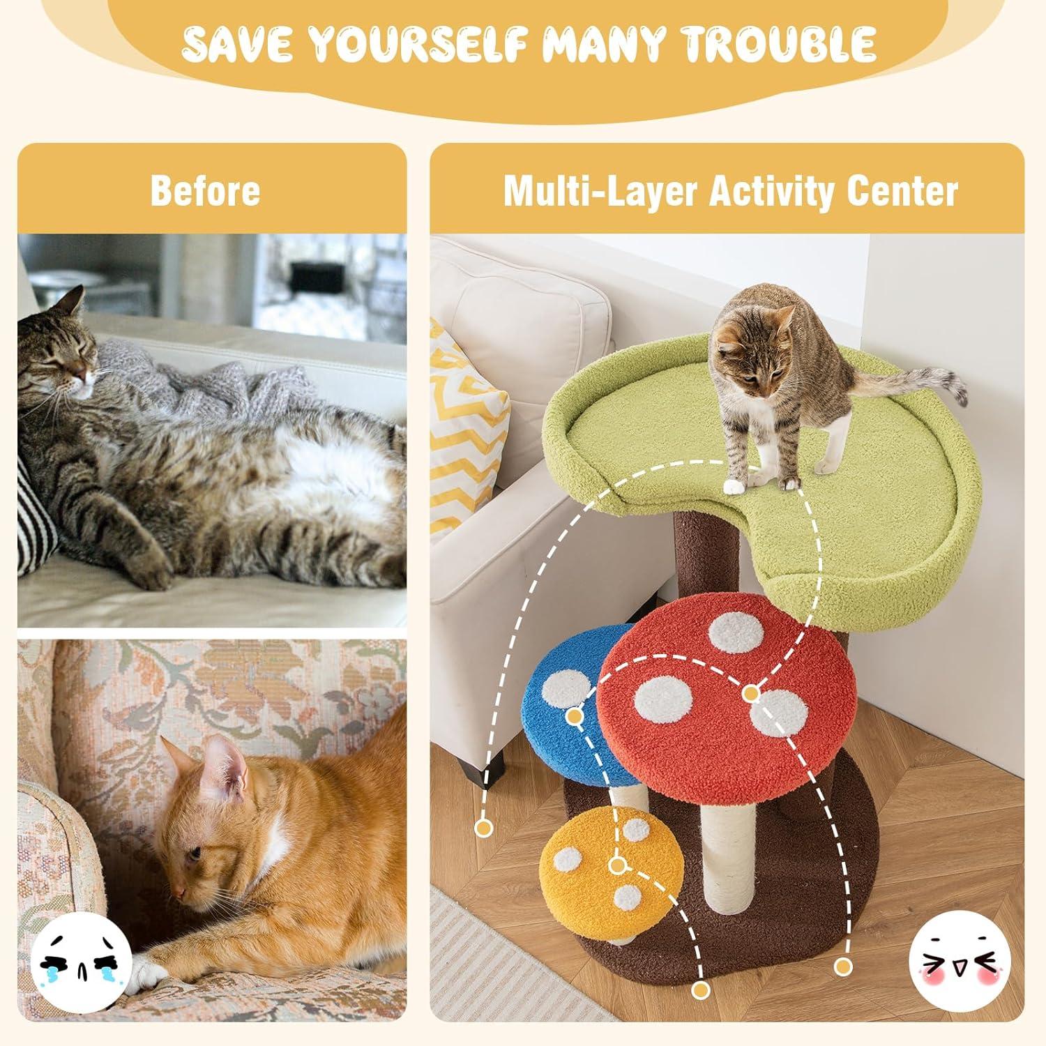 image:imageGiantex Cute Cat Tree 37 Inches Mushroom Cat Tower with 3 FullWrapped Sisal Scratching Post Padded Top Perch Washable Mat MultiLevel Cat Activity Tree for Indoor Cats Kitten