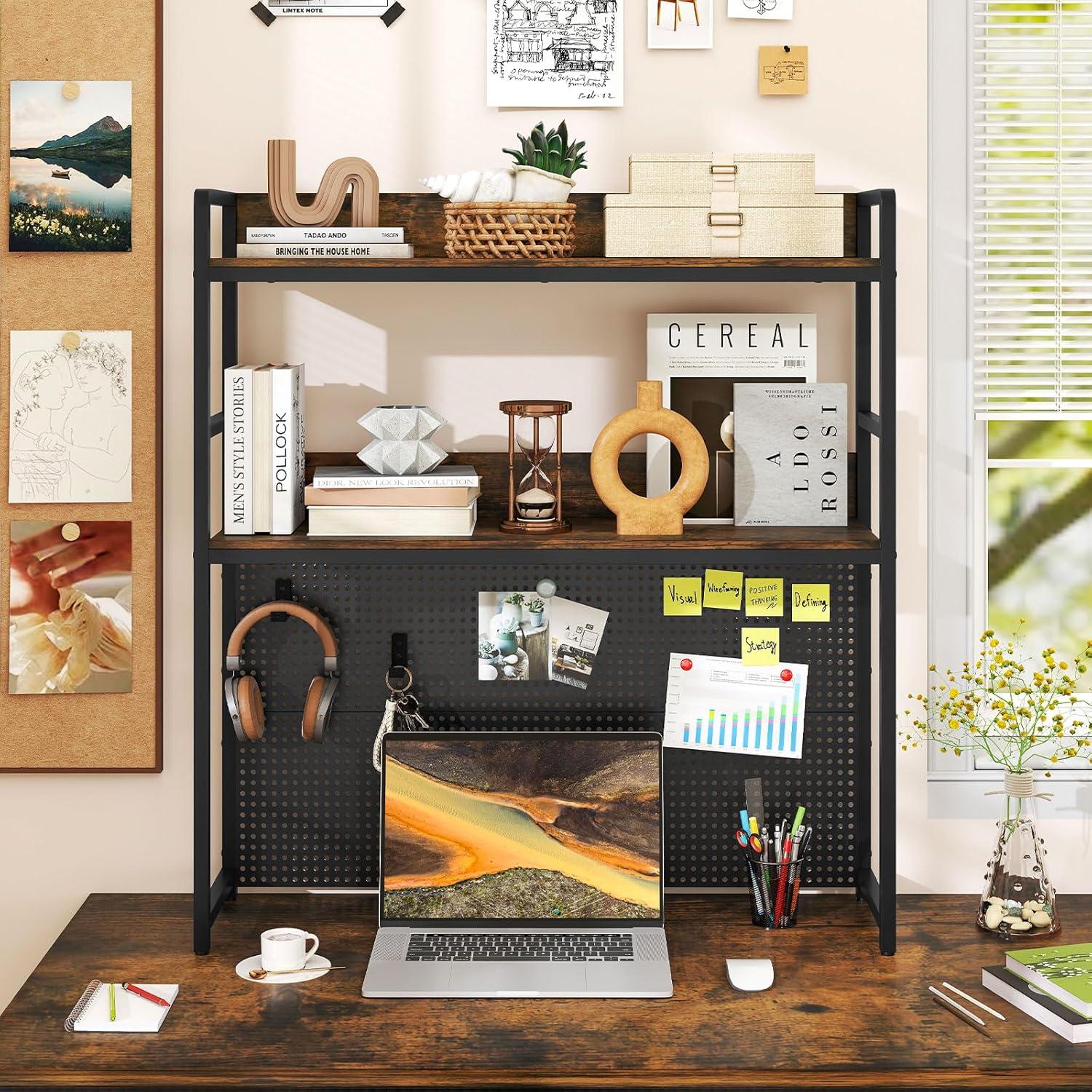 image:imageGiantex Desktop Bookshelf 2Tier Desk Hutch Dorm with Pegboard for up to 32 Computer Monitor Industrial Countertop Storage Organizer Rack Desk Shelf for Home Office Rustic Brown