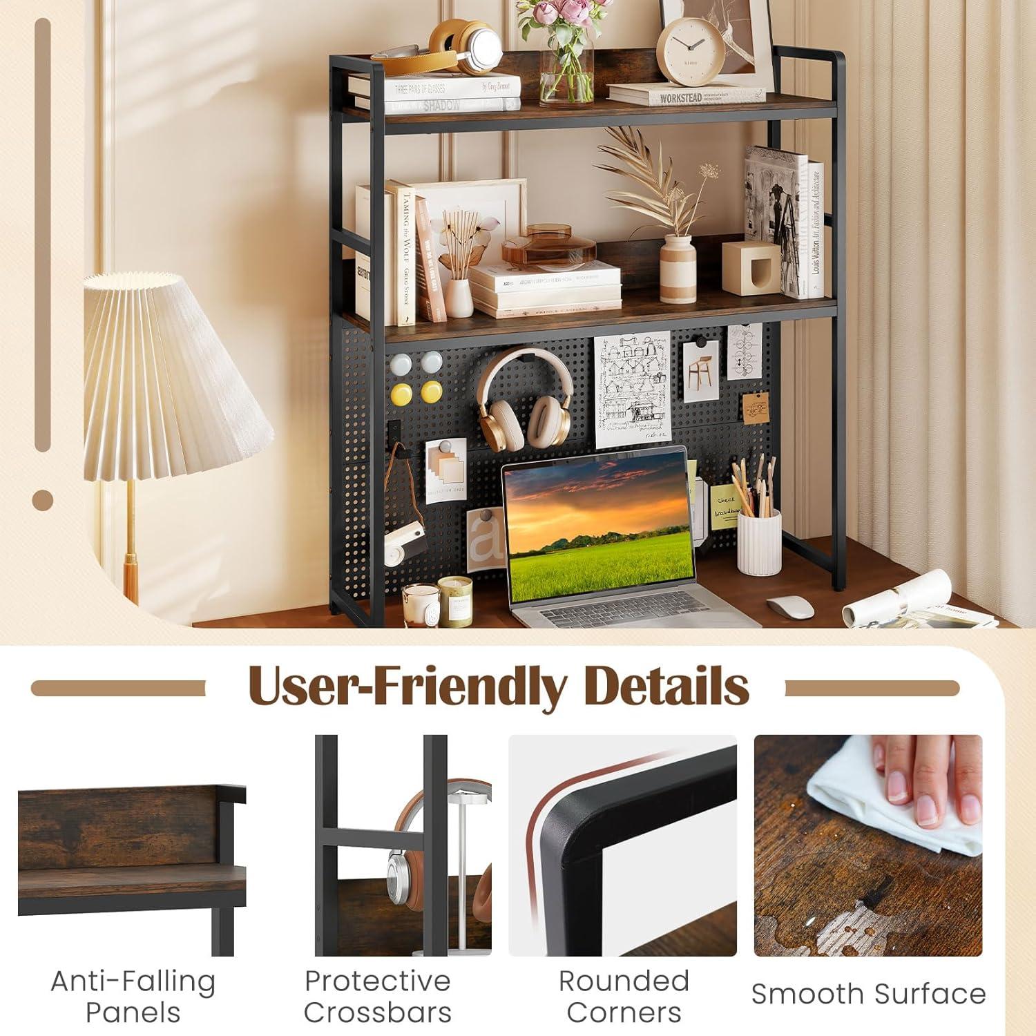 image:imageGiantex Desktop Bookshelf 2Tier Desk Hutch Dorm with Pegboard for up to 32 Computer Monitor Industrial Countertop Storage Organizer Rack Desk Shelf for Home Office Rustic Brown