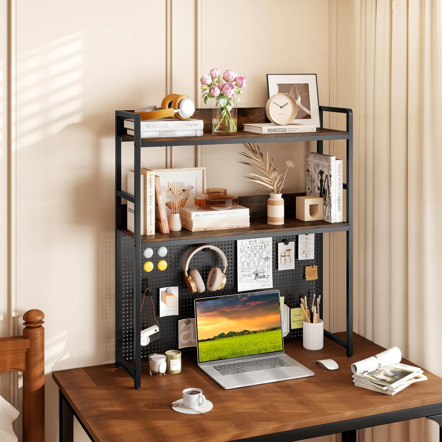 image:imageGiantex Desktop Bookshelf 2Tier Desk Hutch Dorm with Pegboard for up to 32 Computer Monitor Industrial Countertop Storage Organizer Rack Desk Shelf for Home Office Rustic Brown