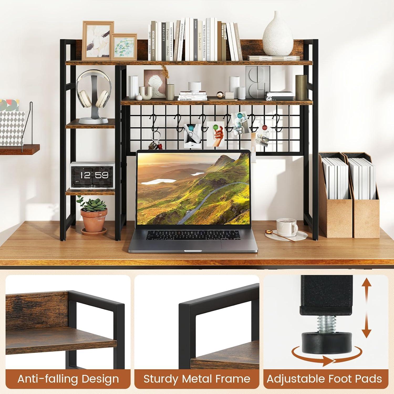 image:imageGiantex Desktop Bookshelf 37 Desk Shelf for Up to 32 Computer Monitors 4 Tier Desktop Display Shelves with Grid Panel 6 Movable Hooks Antitip Device Desk Hutch for Home Office Dorm BlackRustic Brown
