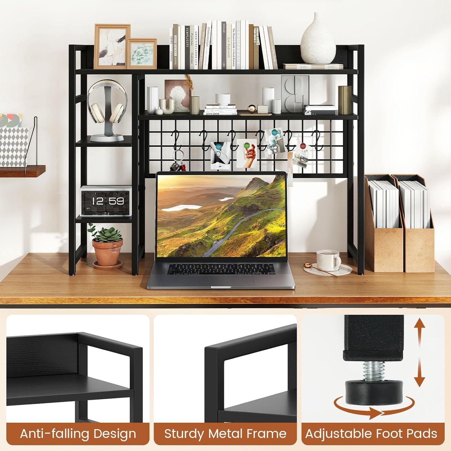 image:imageGiantex Desktop Bookshelf 37 Desk Shelf for Up to 32 Computer Monitors 4 Tier Desktop Display Shelves with Grid Panel 6 Movable Hooks Antitip Device Desk Hutch for Home Office Dorm BlackBlack