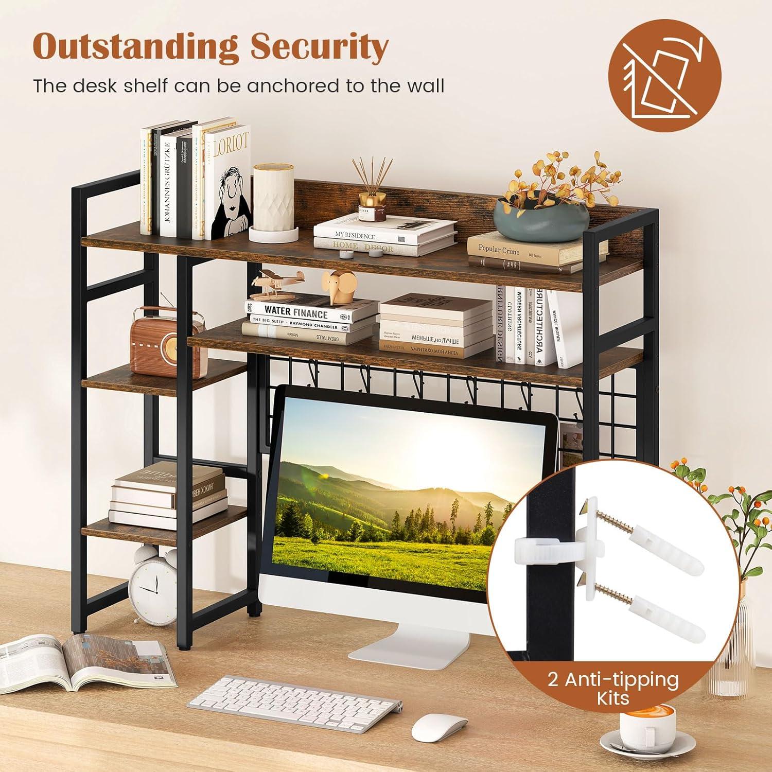 image:imageGiantex Desktop Bookshelf 37 Desk Shelf for Up to 32 Computer Monitors 4 Tier Desktop Display Shelves with Grid Panel 6 Movable Hooks Antitip Device Desk Hutch for Home Office Dorm BlackRustic Brown