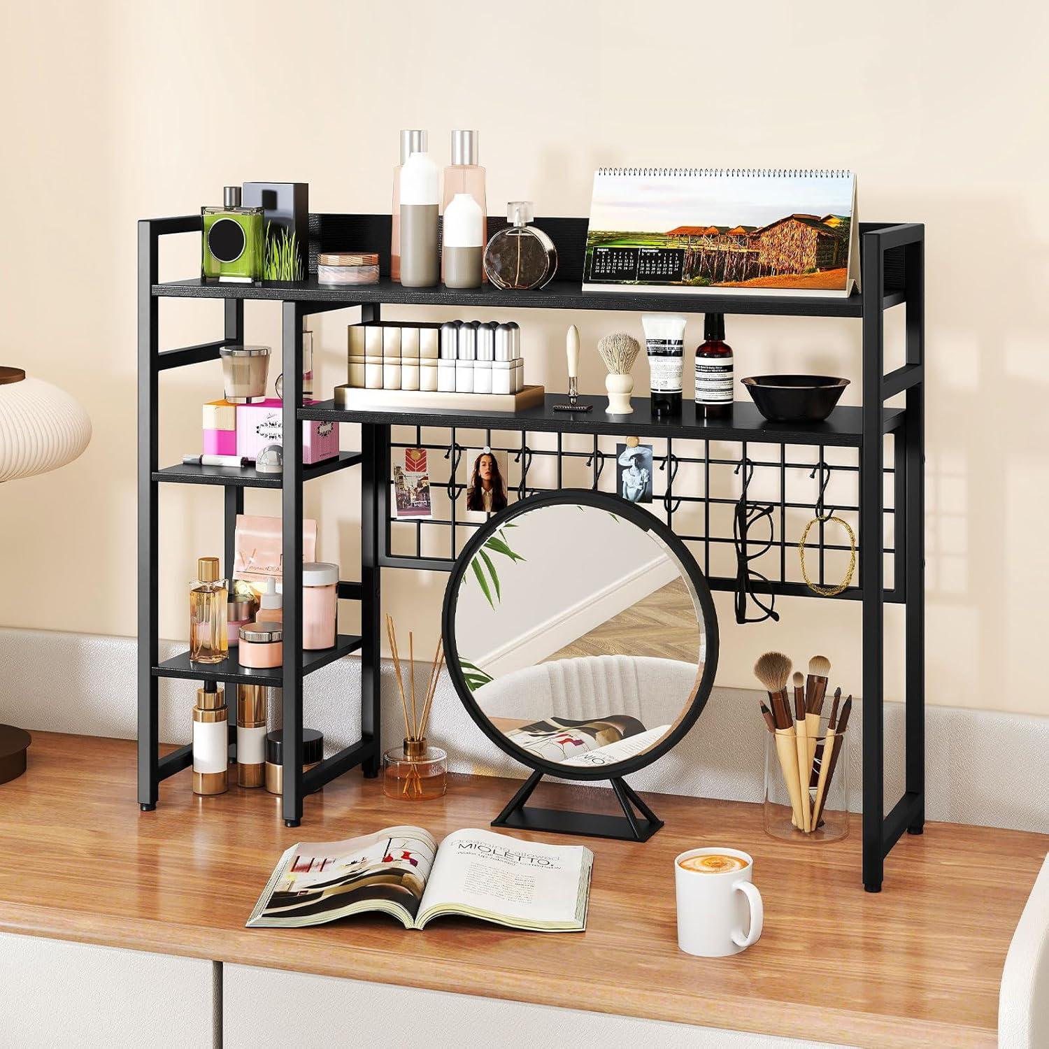 image:imageGiantex Desktop Bookshelf 37 Desk Shelf for Up to 32 Computer Monitors 4 Tier Desktop Display Shelves with Grid Panel 6 Movable Hooks Antitip Device Desk Hutch for Home Office Dorm BlackBlack