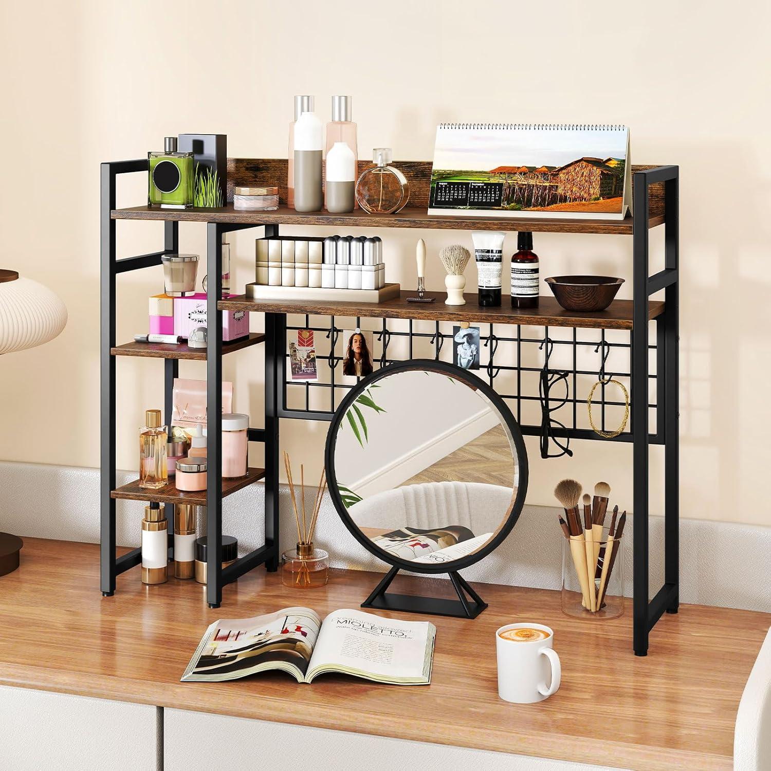 image:imageGiantex Desktop Bookshelf 37 Desk Shelf for Up to 32 Computer Monitors 4 Tier Desktop Display Shelves with Grid Panel 6 Movable Hooks Antitip Device Desk Hutch for Home Office Dorm BlackRustic Brown