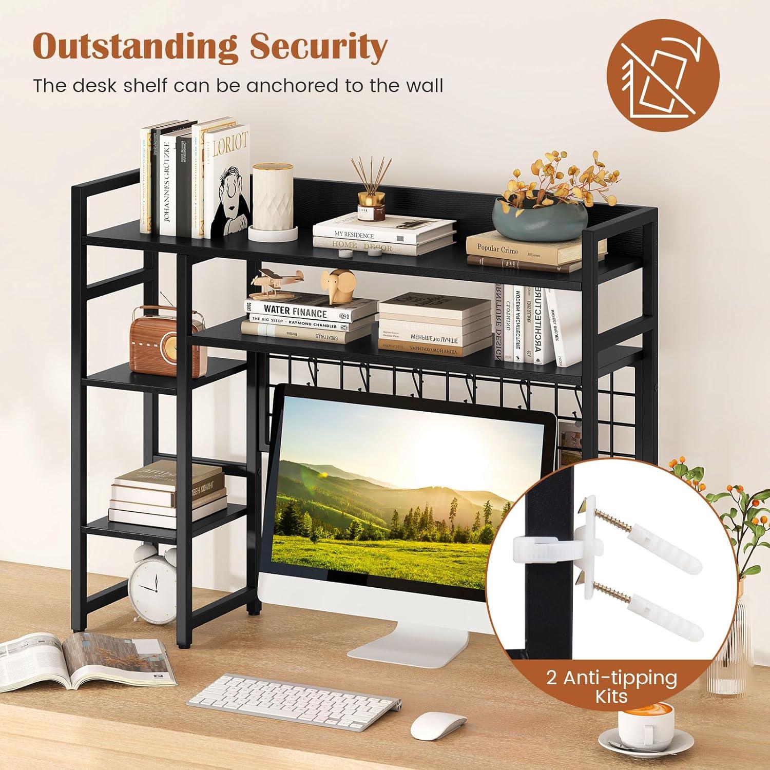 image:imageGiantex Desktop Bookshelf 37 Desk Shelf for Up to 32 Computer Monitors 4 Tier Desktop Display Shelves with Grid Panel 6 Movable Hooks Antitip Device Desk Hutch for Home Office Dorm BlackBlack