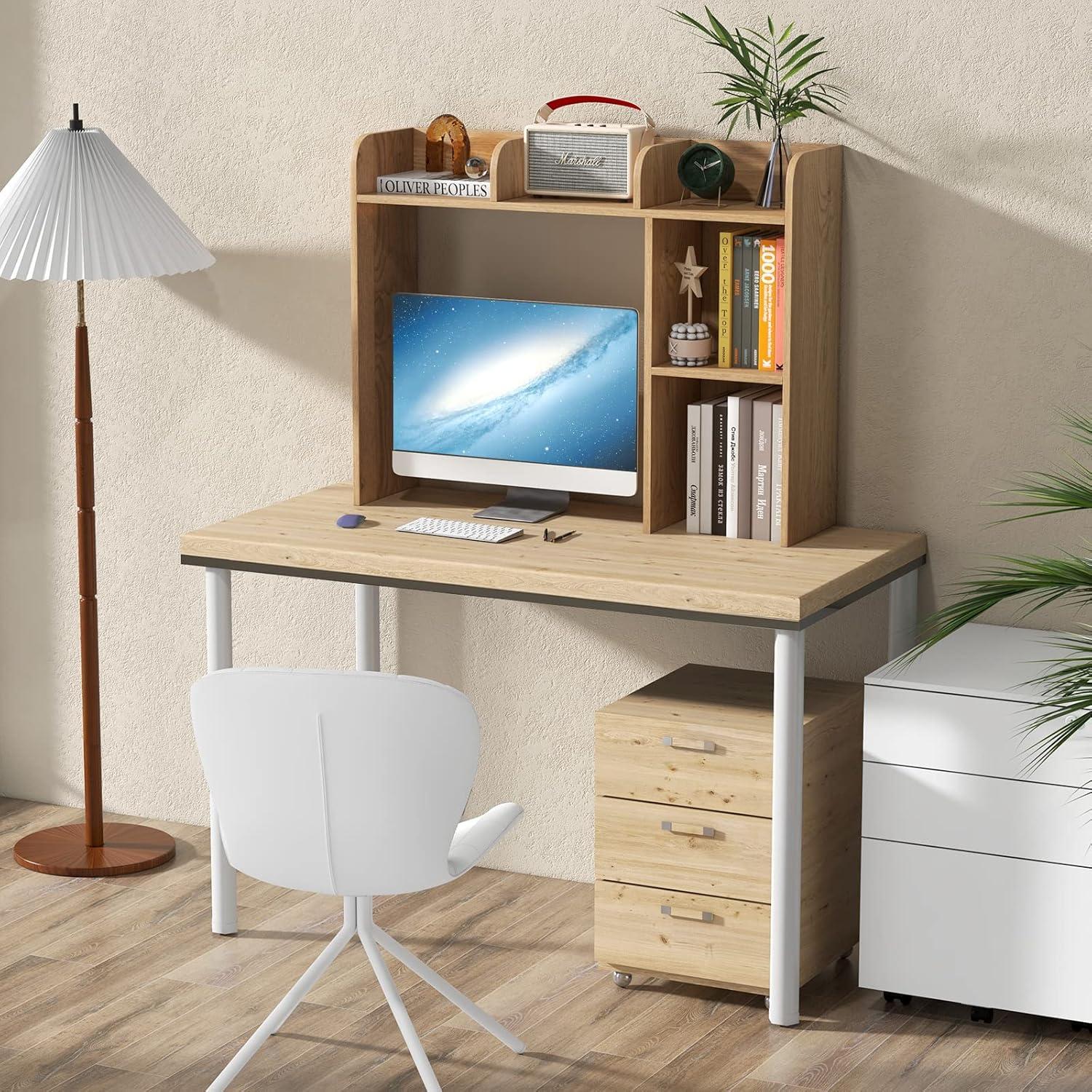 image:imageGiantex Desktop Bookshelf Countertop Storage Hutch with 4 Shelves for Computer Desk Dressing Tabletop Display Rack Multipurpose Desk Hutch Storage Organizer for Home Office Dorm BlackNatural