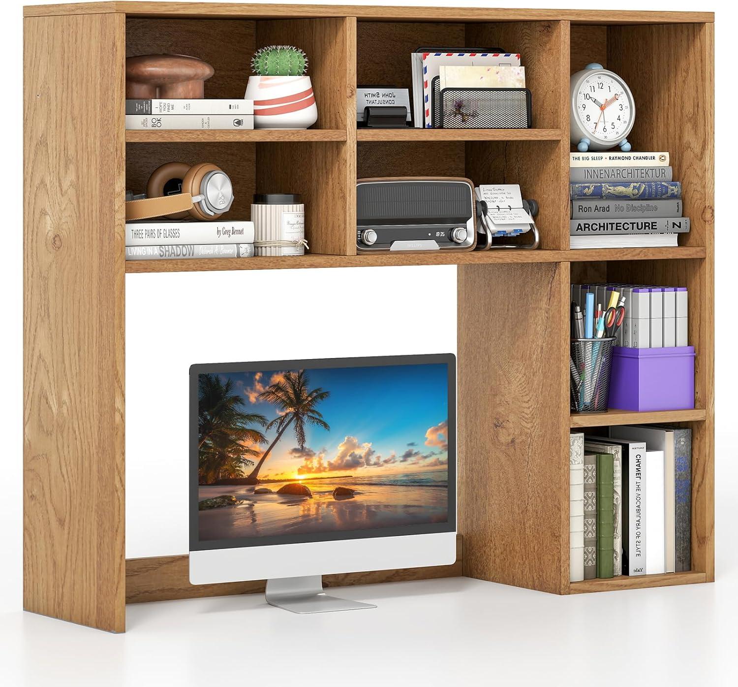image:imageGiantex Desktop Bookshelf Countertop Storage Hutch with 4 Shelves for Computer Desk Dressing Tabletop Display Rack Multipurpose Desk Hutch Storage Organizer for Home Office Dorm BlackNatural