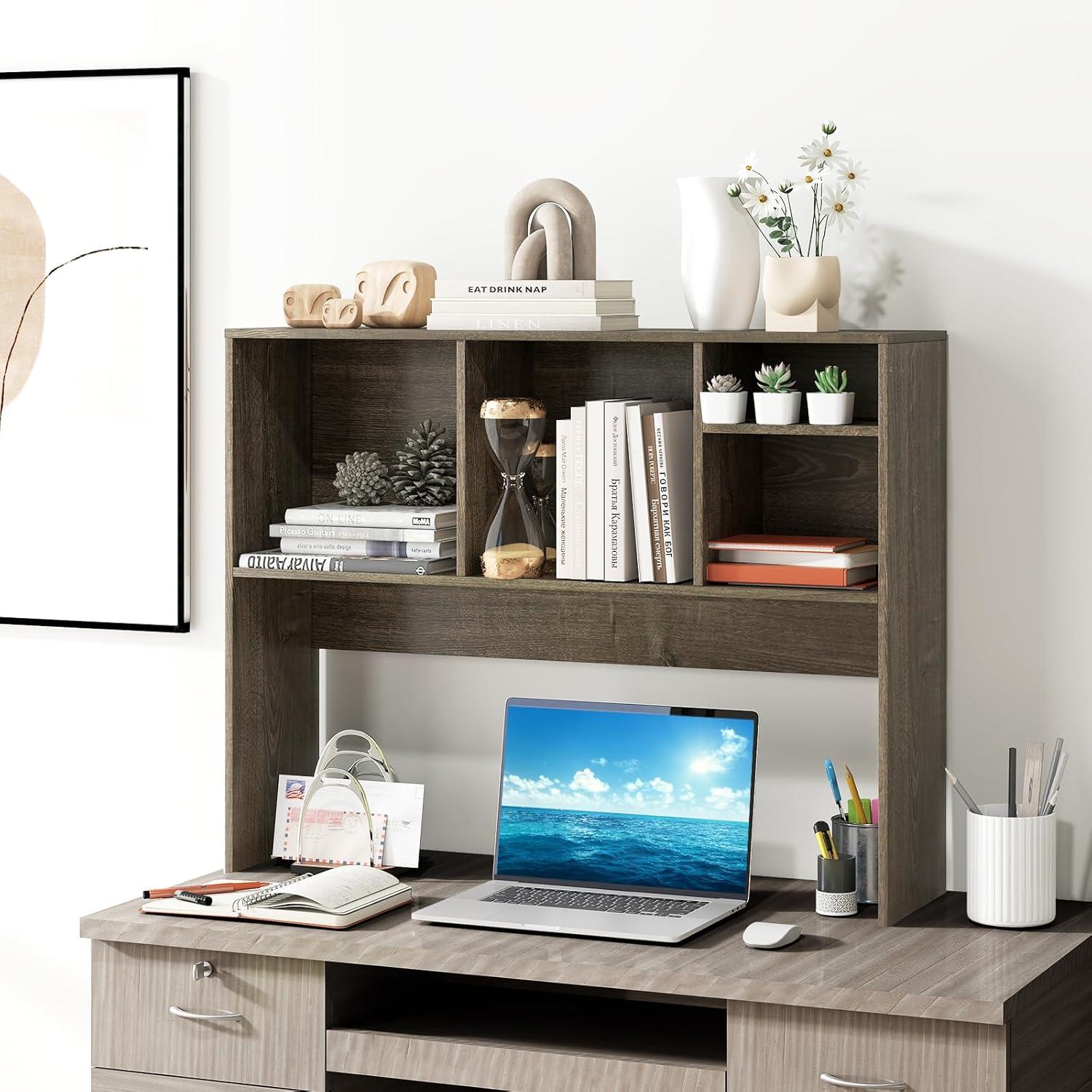 image:imageGiantex Desktop Bookshelf Countertop Storage Hutch with 4 Shelves for Computer Desk Dressing Tabletop Display Rack Multipurpose Desk Hutch Storage Organizer for Home Office Dorm BlackGrey Oak