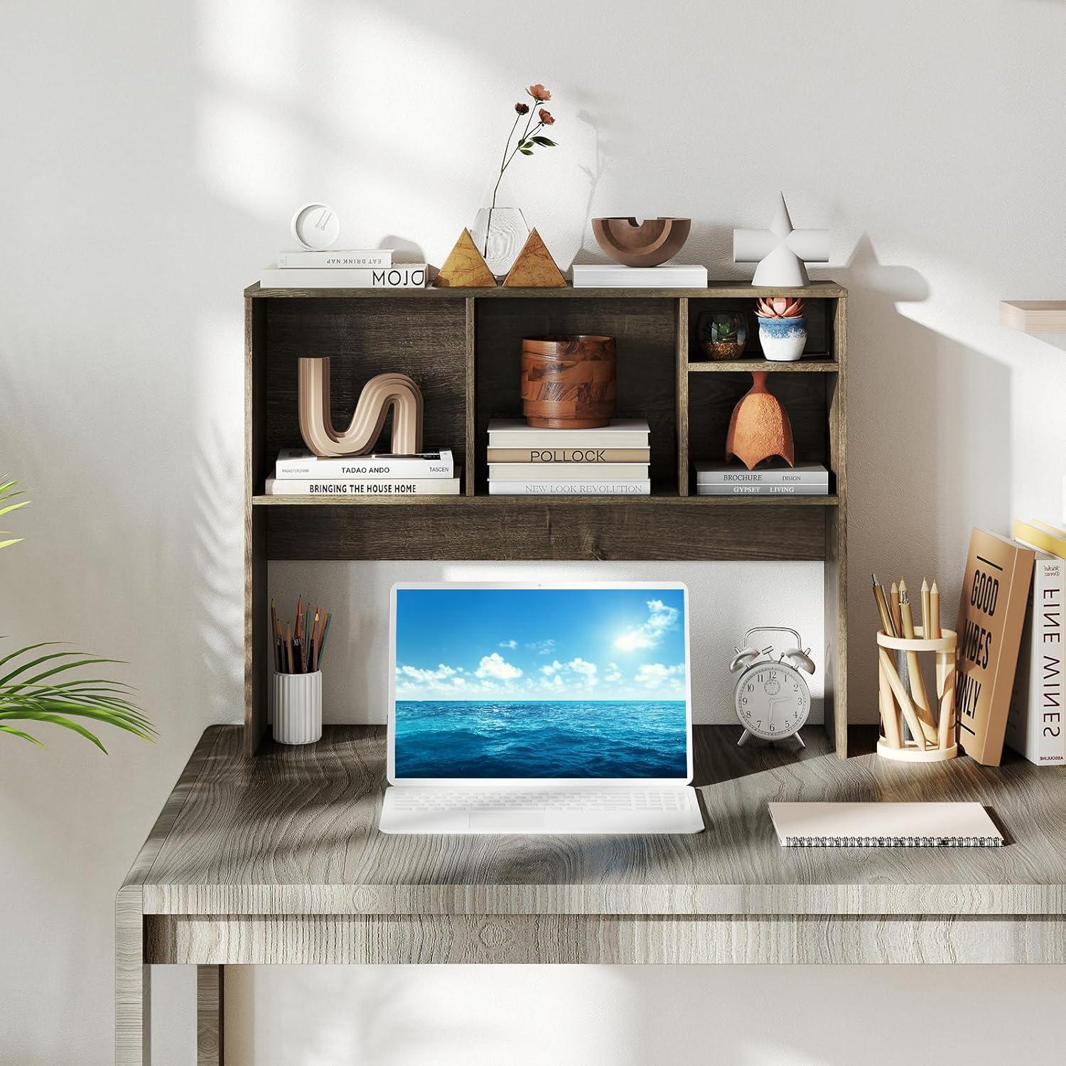 image:imageGiantex Desktop Bookshelf Countertop Storage Hutch with 4 Shelves for Computer Desk Dressing Tabletop Display Rack Multipurpose Desk Hutch Storage Organizer for Home Office Dorm BlackGrey Oak