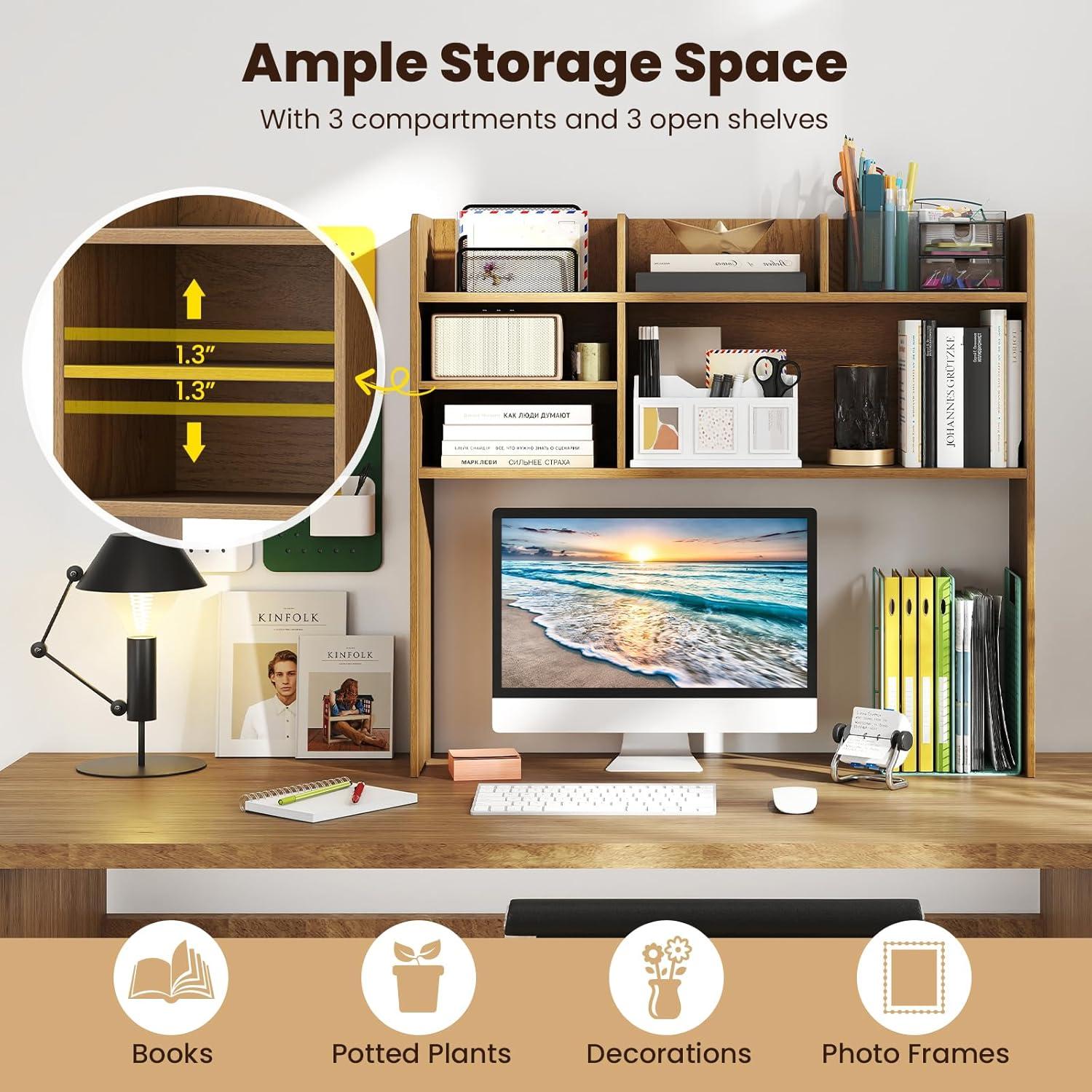 image:imageGiantex Desktop Bookshelf Countertop Storage Hutch with 4 Shelves for Computer Desk Dressing Tabletop Display Rack Multipurpose Desk Hutch Storage Organizer for Home Office Dorm BlackNatural