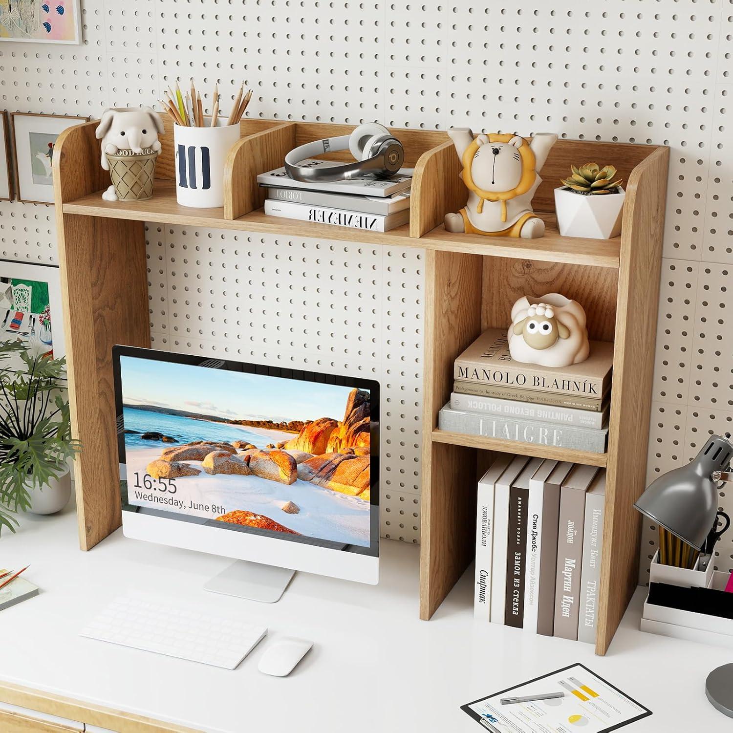 image:imageGiantex Desktop Bookshelf Countertop Storage Hutch with 4 Shelves for Computer Desk Dressing Tabletop Display Rack Multipurpose Desk Hutch Storage Organizer for Home Office Dorm BlackNatural