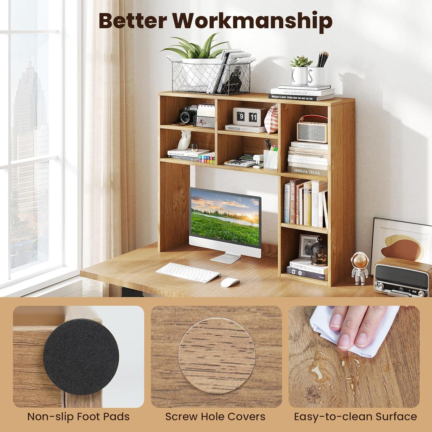 image:imageGiantex Desktop Bookshelf Countertop Storage Hutch with 4 Shelves for Computer Desk Dressing Tabletop Display Rack Multipurpose Desk Hutch Storage Organizer for Home Office Dorm BlackNatural