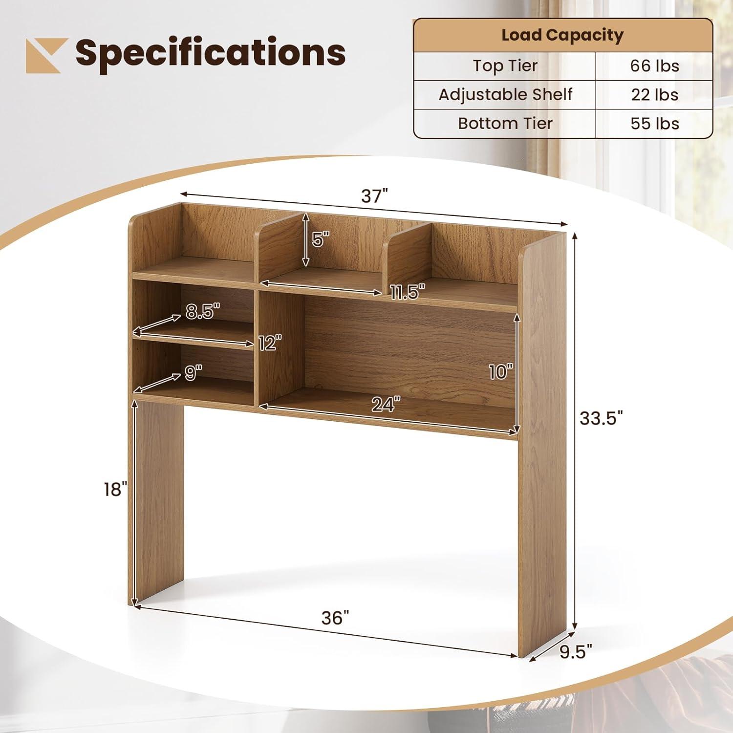 image:imageGiantex Desktop Bookshelf Countertop Storage Hutch with 4 Shelves for Computer Desk Dressing Tabletop Display Rack Multipurpose Desk Hutch Storage Organizer for Home Office Dorm BlackNatural