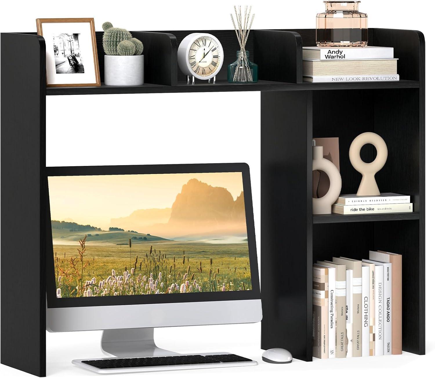 image:imageGiantex Desktop Bookshelf Countertop Storage Hutch with 4 Shelves for Computer Desk Dressing Tabletop Display Rack Multipurpose Desk Hutch Storage Organizer for Home Office Dorm BlackBlack