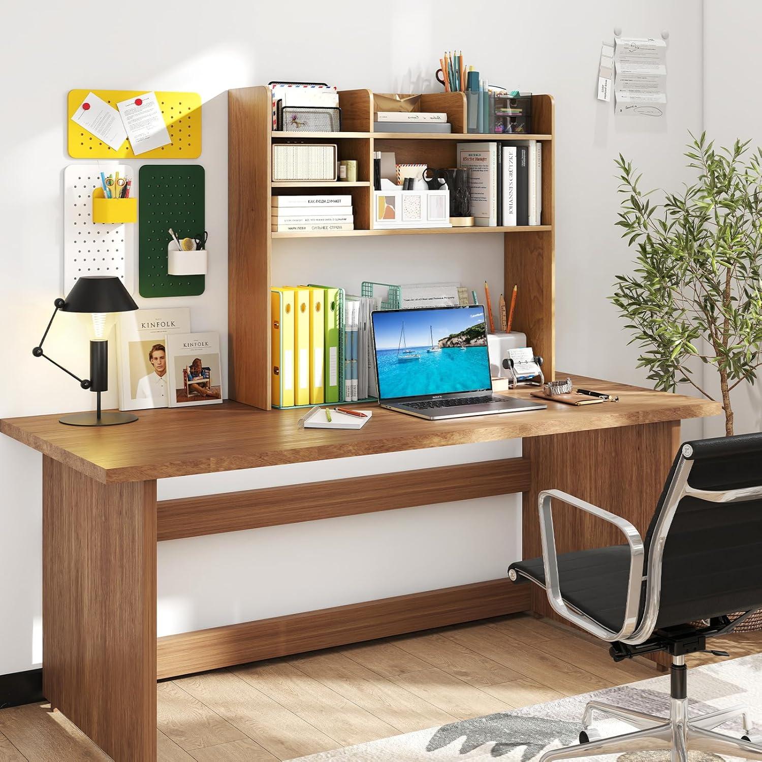 image:imageGiantex Desktop Bookshelf Countertop Storage Hutch with 4 Shelves for Computer Desk Dressing Tabletop Display Rack Multipurpose Desk Hutch Storage Organizer for Home Office Dorm BlackNatural
