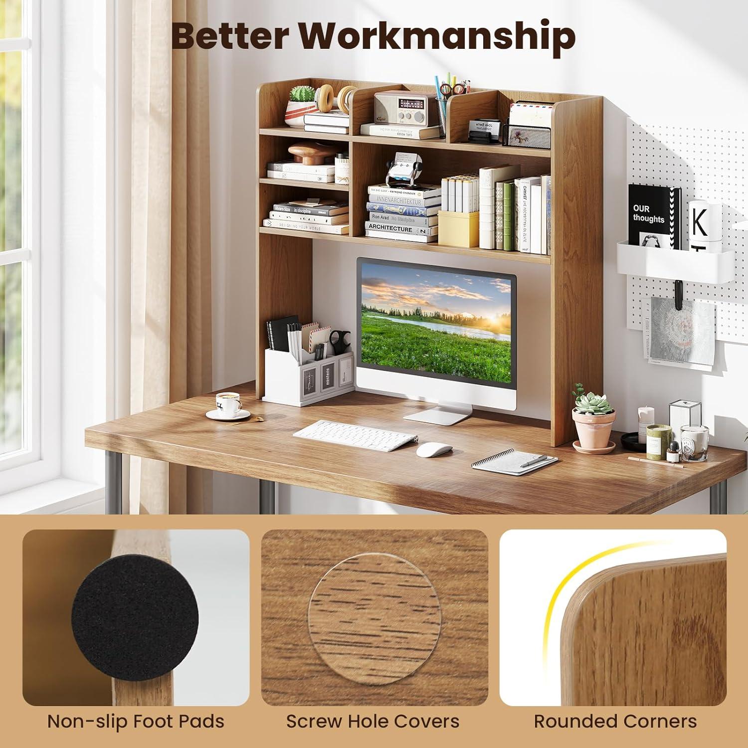 image:imageGiantex Desktop Bookshelf Countertop Storage Hutch with 4 Shelves for Computer Desk Dressing Tabletop Display Rack Multipurpose Desk Hutch Storage Organizer for Home Office Dorm BlackNatural