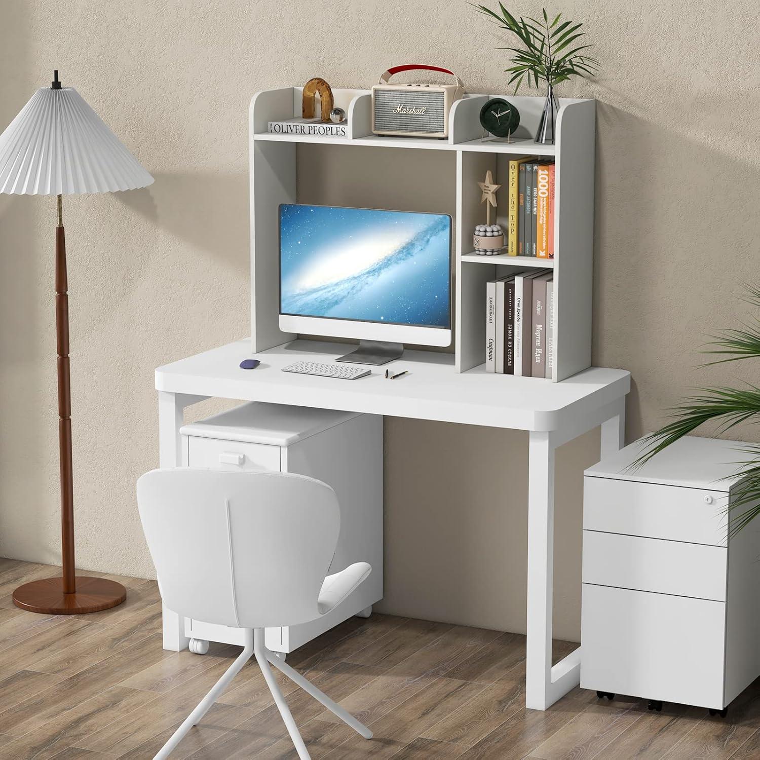 image:imageGiantex Desktop Bookshelf Countertop Storage Hutch with 4 Shelves for Computer Desk Dressing Tabletop Display Rack Multipurpose Desk Hutch Storage Organizer for Home Office Dorm BlackWhite