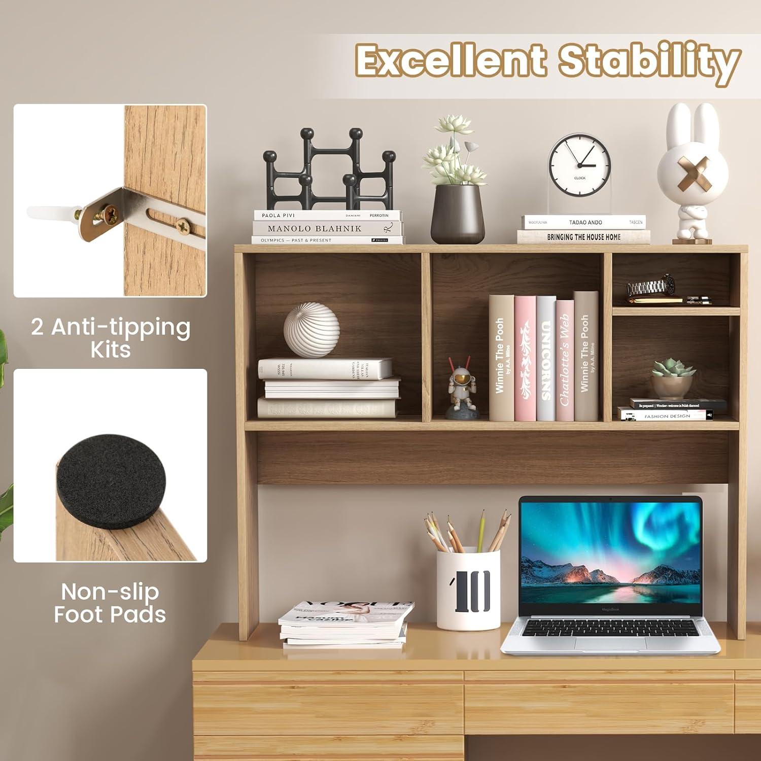 image:imageGiantex Desktop Bookshelf Countertop Storage Hutch with 4 Shelves for Computer Desk Dressing Tabletop Display Rack Multipurpose Desk Hutch Storage Organizer for Home Office Dorm BlackNatural