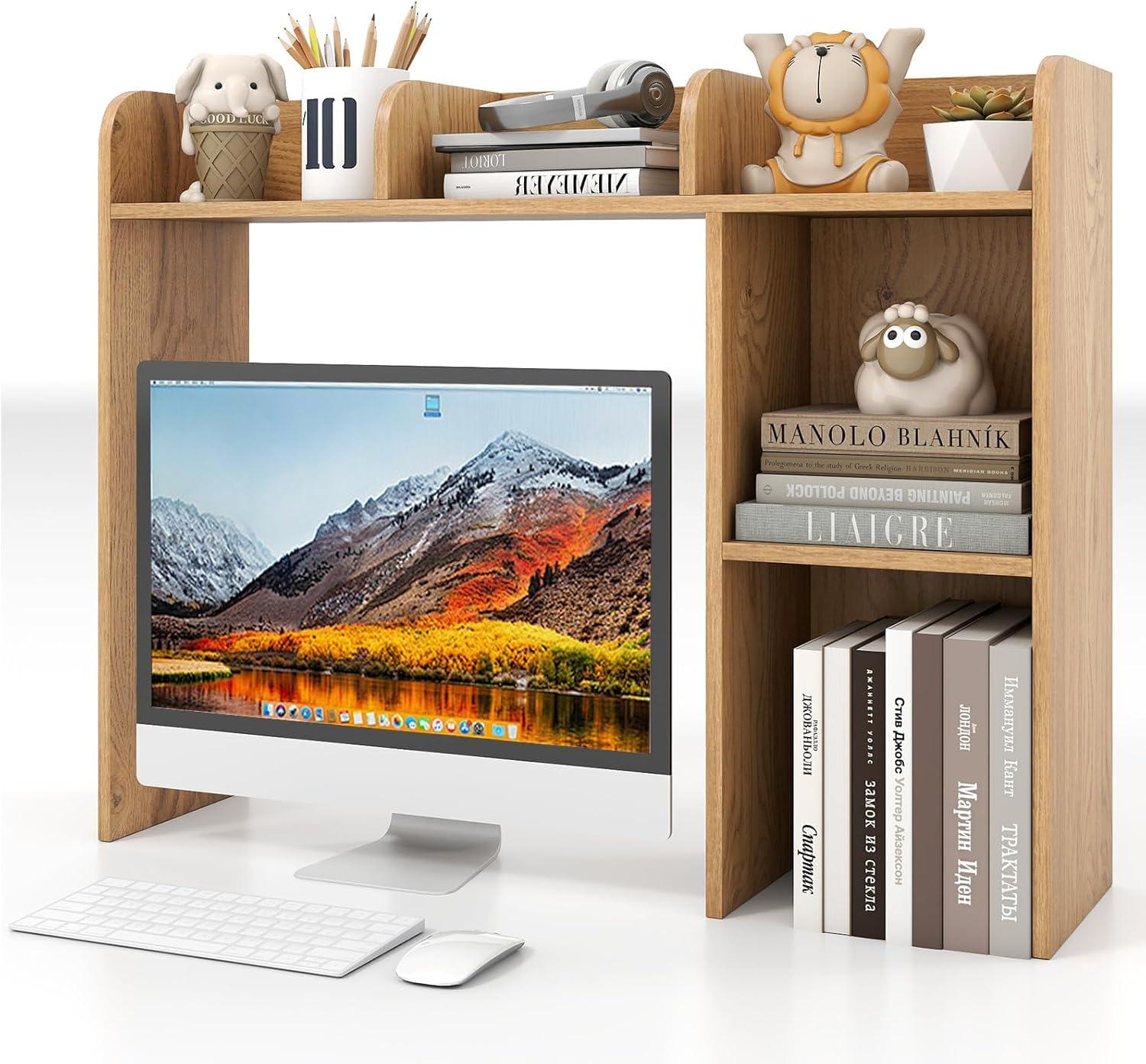 image:imageGiantex Desktop Bookshelf Countertop Storage Hutch with 4 Shelves for Computer Desk Dressing Tabletop Display Rack Multipurpose Desk Hutch Storage Organizer for Home Office Dorm BlackNatural