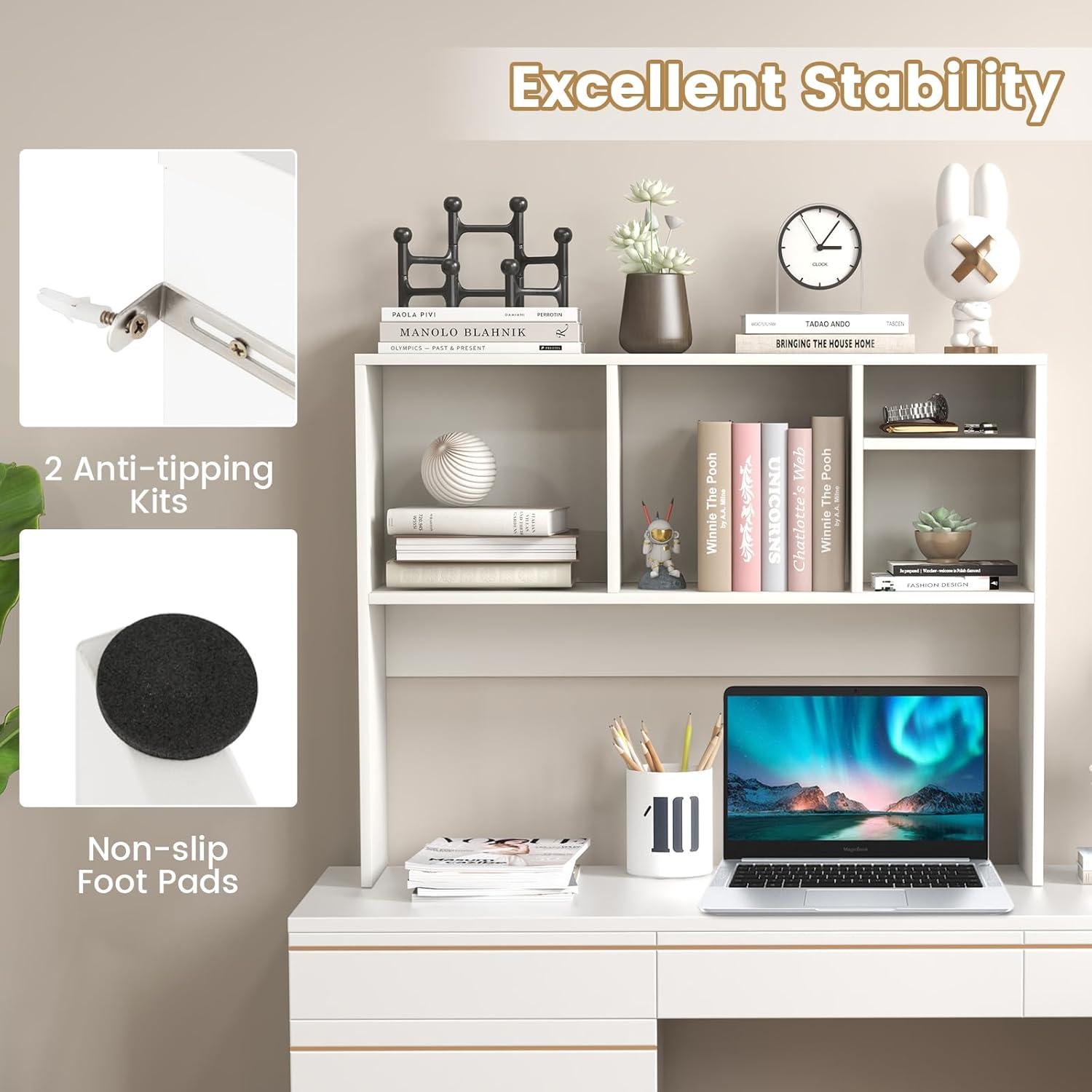 image:imageGiantex Desktop Bookshelf Countertop Storage Hutch with 4 Shelves for Computer Desk Dressing Tabletop Display Rack Multipurpose Desk Hutch Storage Organizer for Home Office Dorm BlackWhite