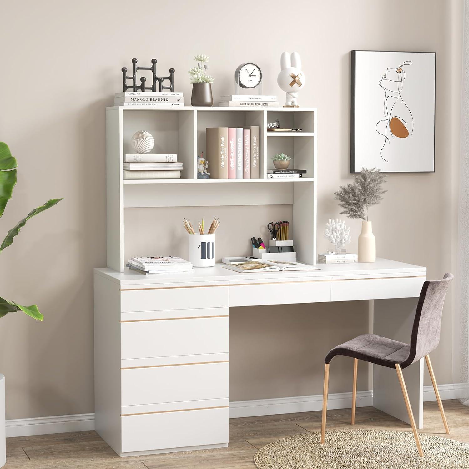 image:imageGiantex Desktop Bookshelf Countertop Storage Hutch with 4 Shelves for Computer Desk Dressing Tabletop Display Rack Multipurpose Desk Hutch Storage Organizer for Home Office Dorm BlackWhite