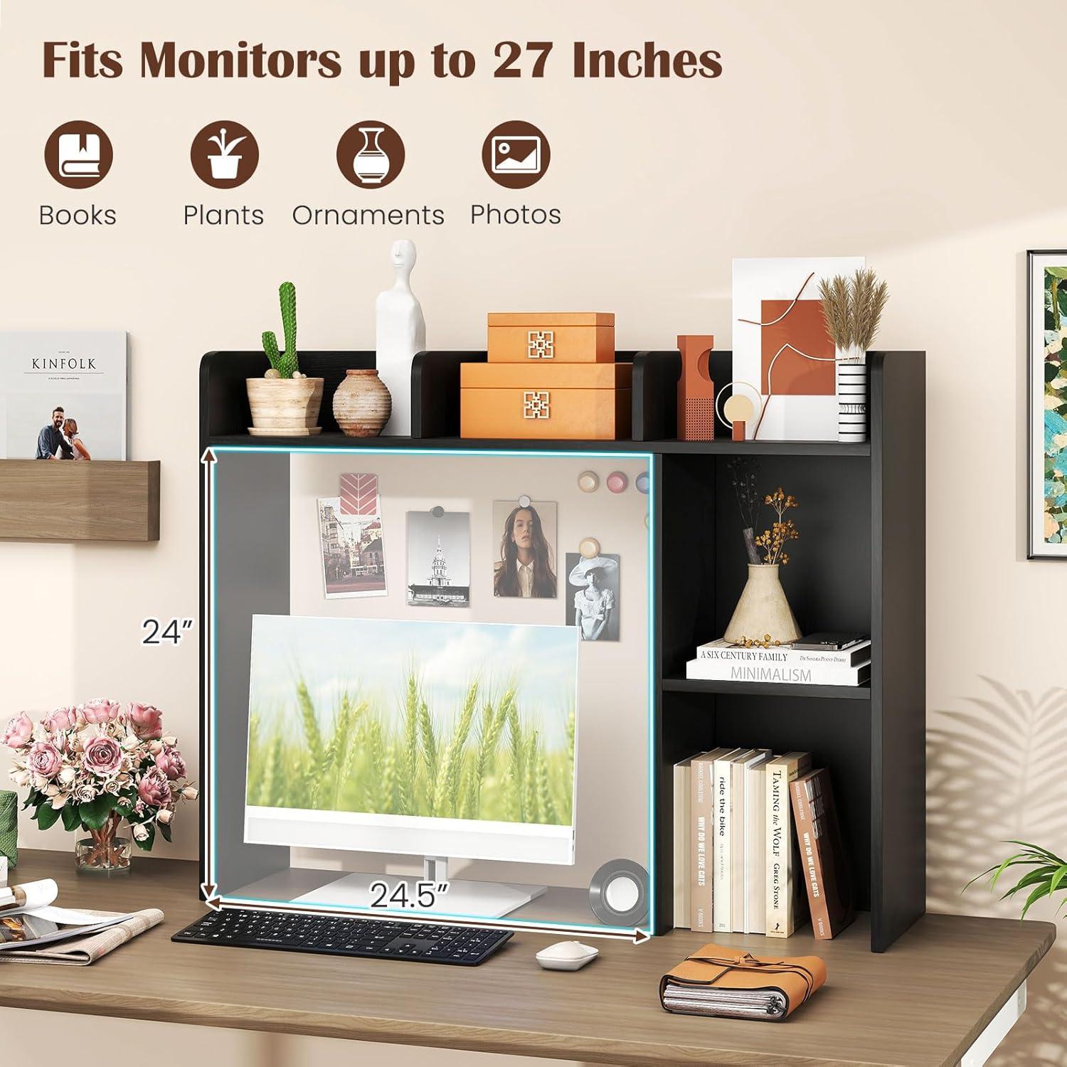 image:imageGiantex Desktop Bookshelf Countertop Storage Hutch with 4 Shelves for Computer Desk Dressing Tabletop Display Rack Multipurpose Desk Hutch Storage Organizer for Home Office Dorm BlackBlack