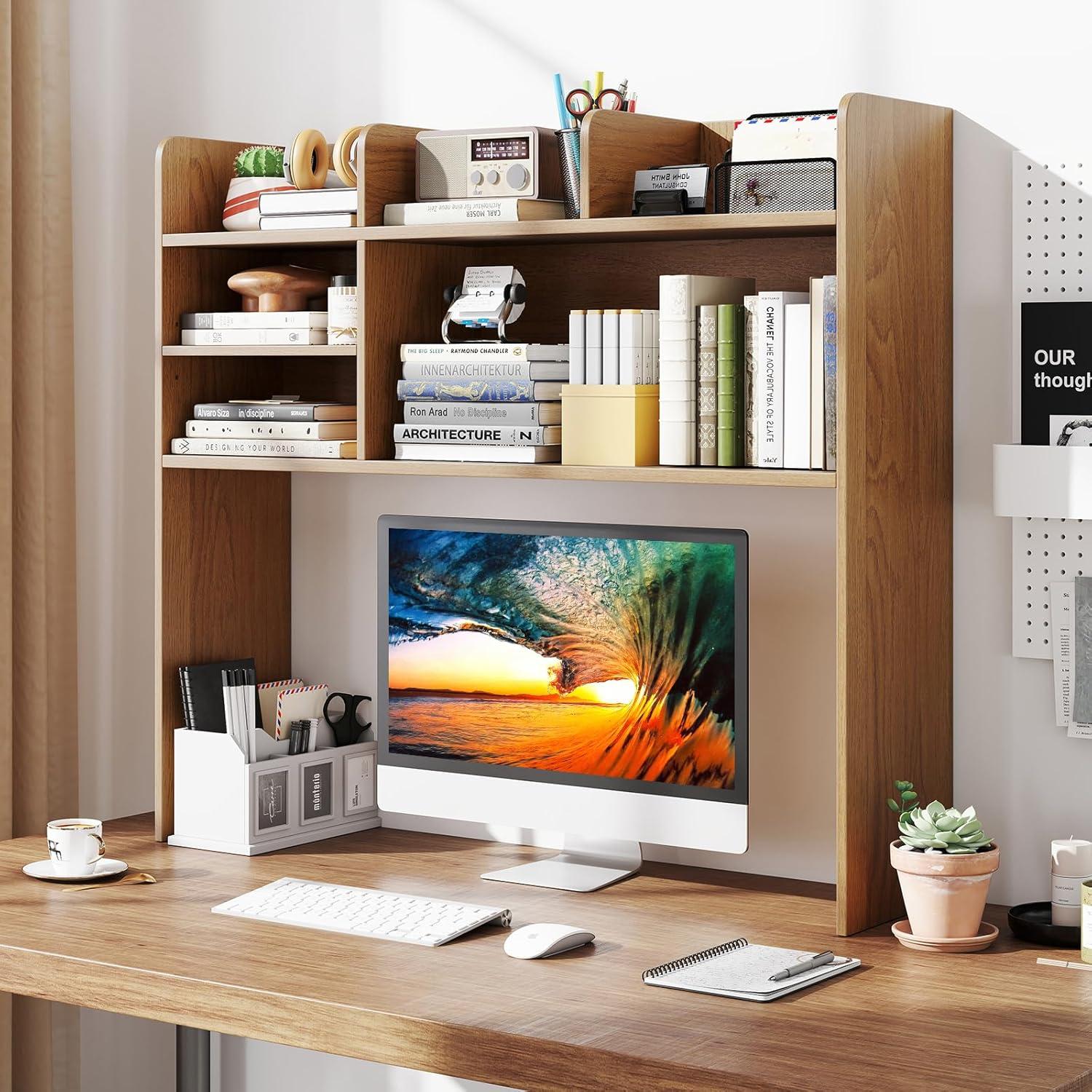 image:imageGiantex Desktop Bookshelf Countertop Storage Hutch with 4 Shelves for Computer Desk Dressing Tabletop Display Rack Multipurpose Desk Hutch Storage Organizer for Home Office Dorm BlackNatural