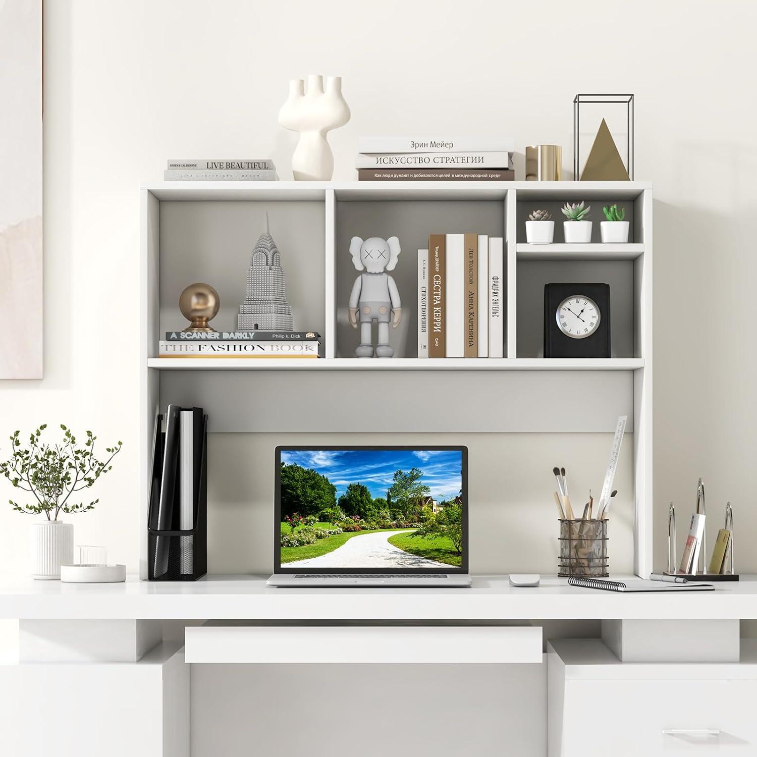 image:imageGiantex Desktop Bookshelf Countertop Storage Hutch with 4 Shelves for Computer Desk Dressing Tabletop Display Rack Multipurpose Desk Hutch Storage Organizer for Home Office Dorm BlackWhite