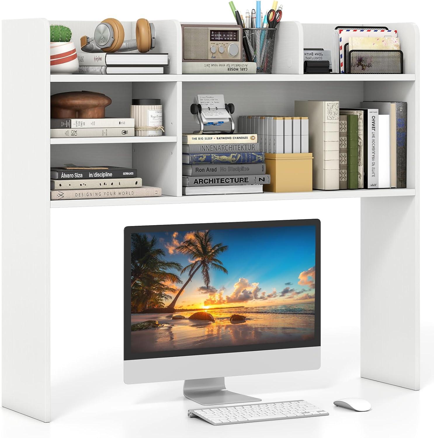 image:imageGiantex Desktop Bookshelf Countertop Storage Hutch with 4 Shelves for Computer Desk Dressing Tabletop Display Rack Multipurpose Desk Hutch Storage Organizer for Home Office Dorm BlackWhite
