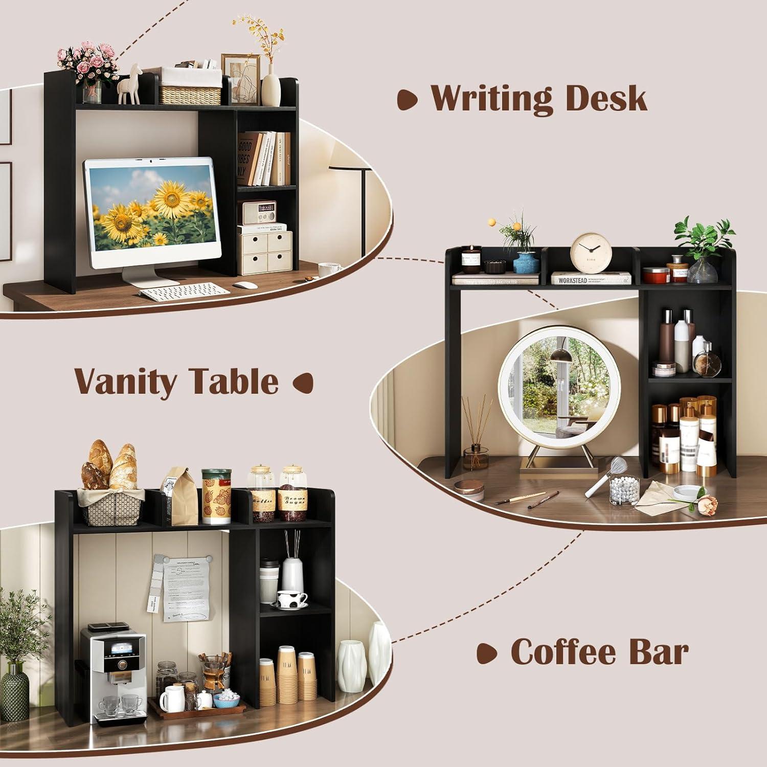 image:imageGiantex Desktop Bookshelf Countertop Storage Hutch with 4 Shelves for Computer Desk Dressing Tabletop Display Rack Multipurpose Desk Hutch Storage Organizer for Home Office Dorm BlackBlack