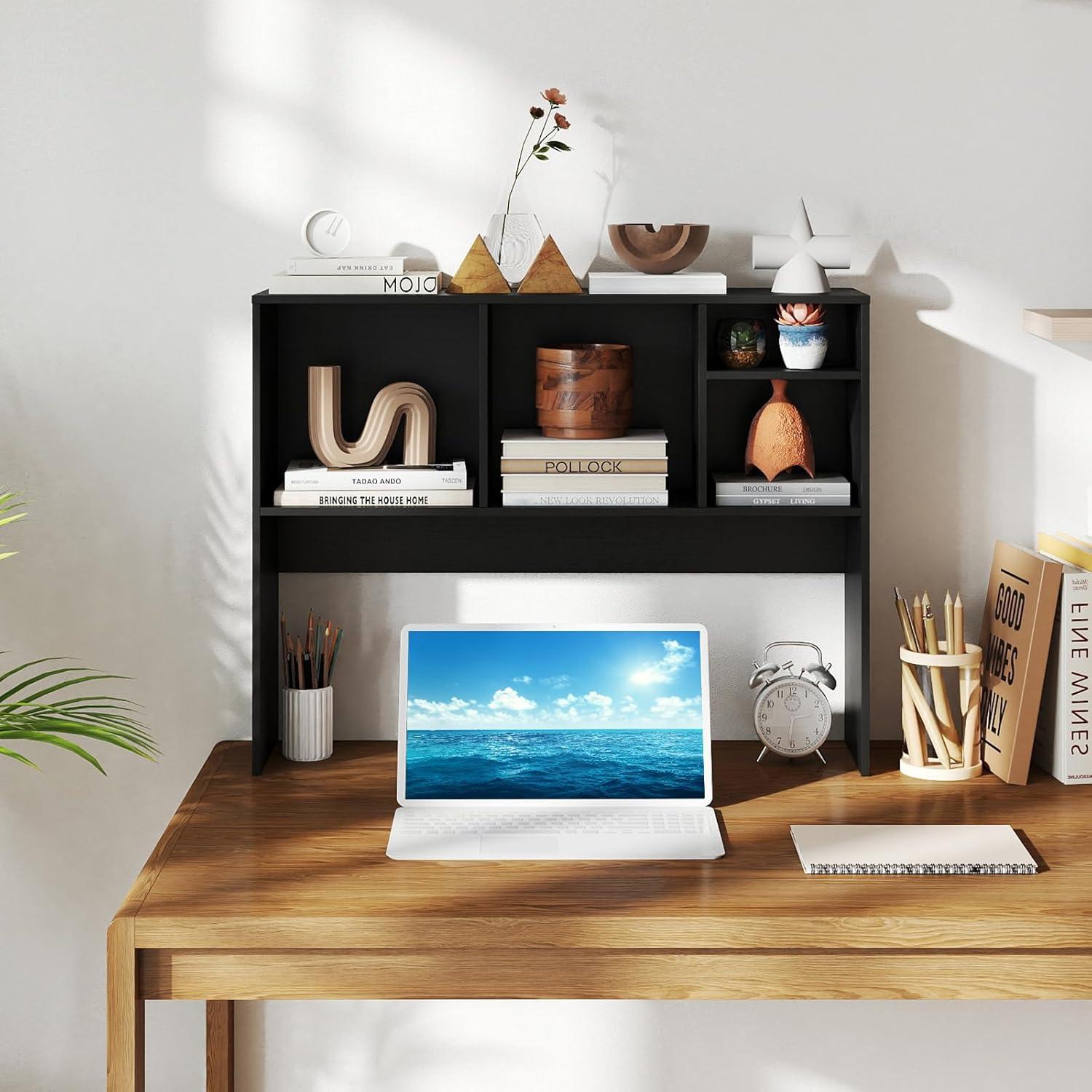 image:imageGiantex Desktop Bookshelf Countertop Storage Hutch with 4 Shelves for Computer Desk Dressing Tabletop Display Rack Multipurpose Desk Hutch Storage Organizer for Home Office Dorm BlackBlack