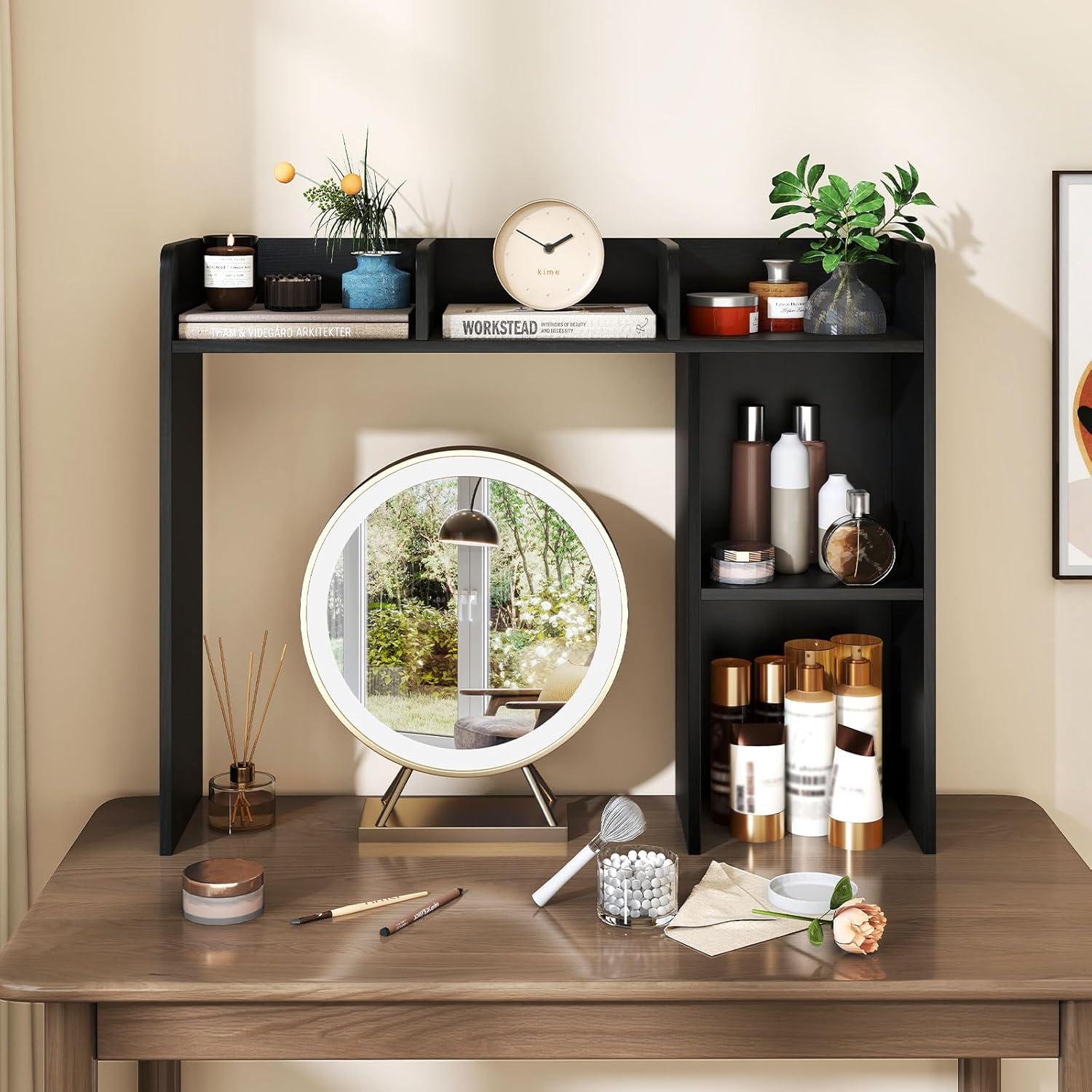 image:imageGiantex Desktop Bookshelf Countertop Storage Hutch with 4 Shelves for Computer Desk Dressing Tabletop Display Rack Multipurpose Desk Hutch Storage Organizer for Home Office Dorm BlackBlack