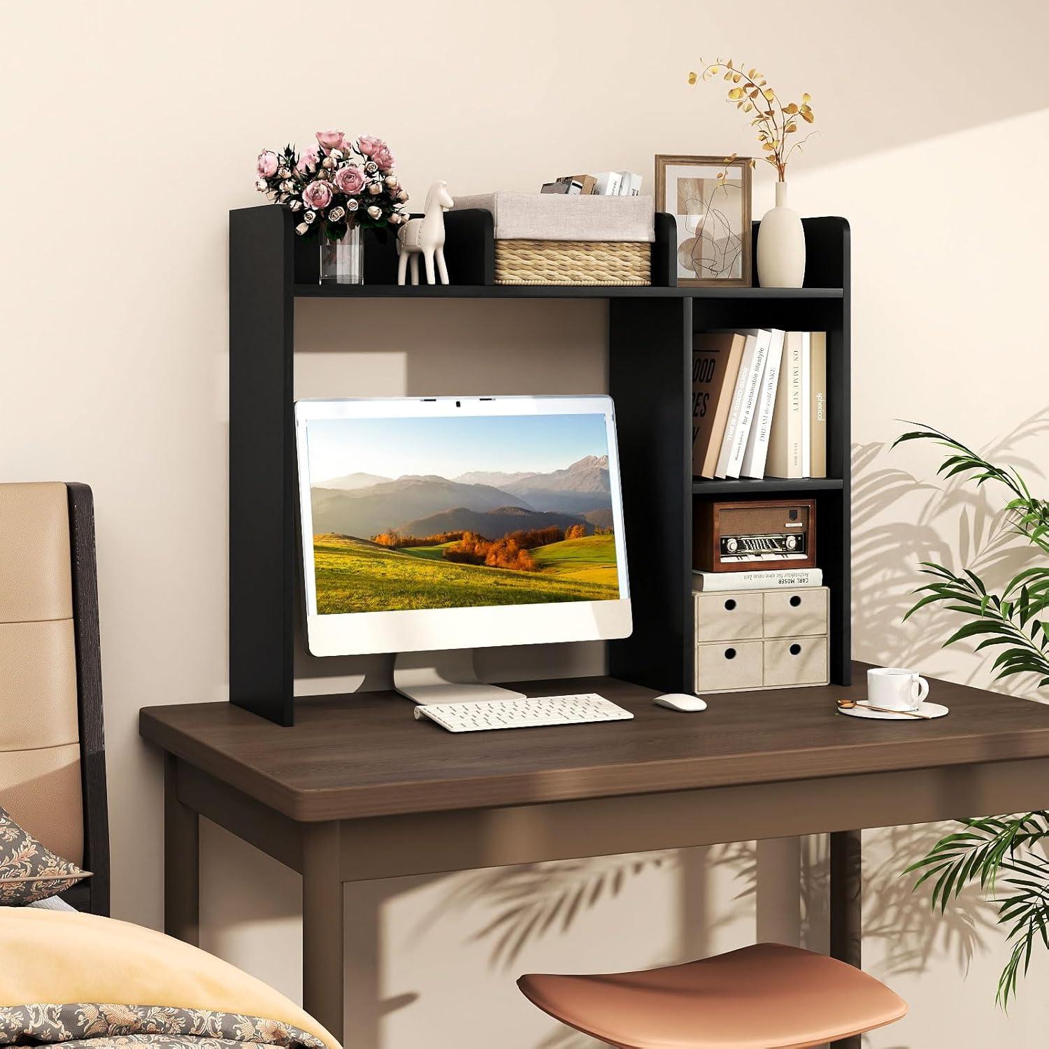 image:imageGiantex Desktop Bookshelf Countertop Storage Hutch with 4 Shelves for Computer Desk Dressing Tabletop Display Rack Multipurpose Desk Hutch Storage Organizer for Home Office Dorm BlackBlack