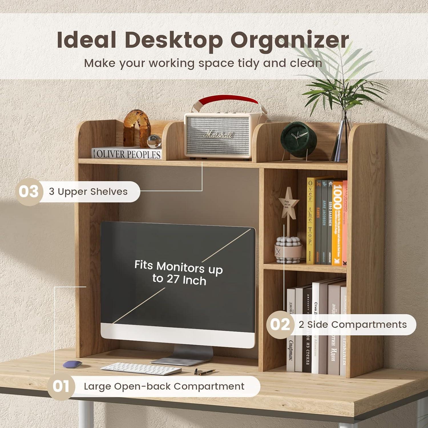 image:imageGiantex Desktop Bookshelf Countertop Storage Hutch with 4 Shelves for Computer Desk Dressing Tabletop Display Rack Multipurpose Desk Hutch Storage Organizer for Home Office Dorm BlackNatural