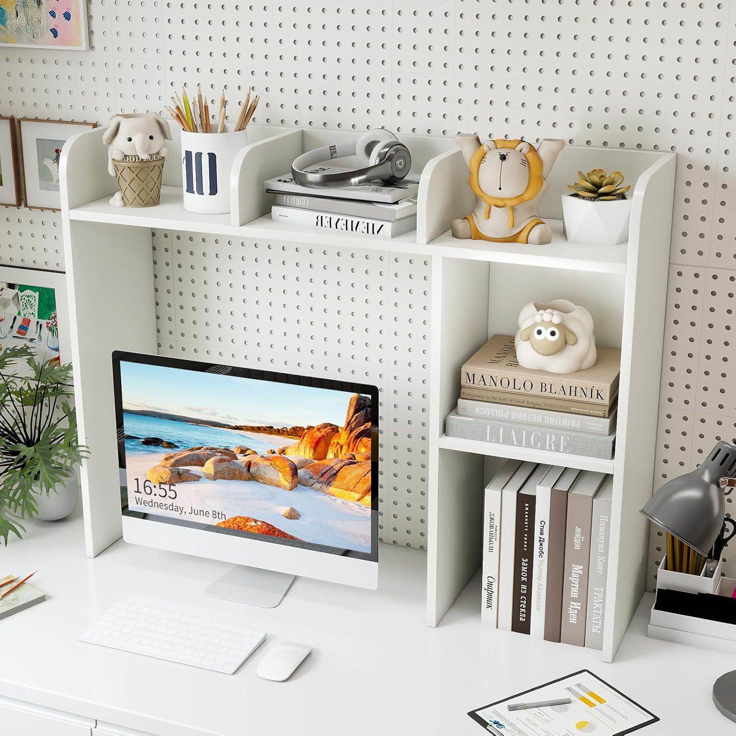 image:imageGiantex Desktop Bookshelf Countertop Storage Hutch with 4 Shelves for Computer Desk Dressing Tabletop Display Rack Multipurpose Desk Hutch Storage Organizer for Home Office Dorm BlackWhite