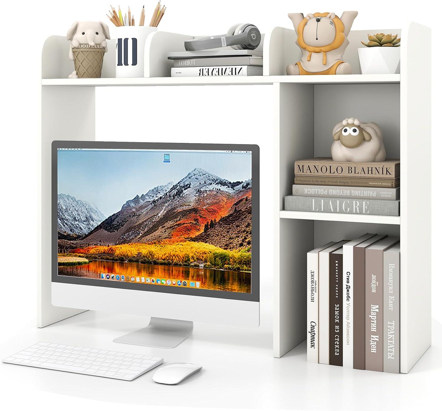 image:imageGiantex Desktop Bookshelf Countertop Storage Hutch with 4 Shelves for Computer Desk Dressing Tabletop Display Rack Multipurpose Desk Hutch Storage Organizer for Home Office Dorm BlackWhite