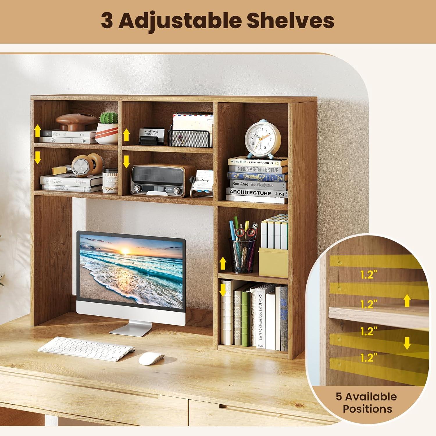 image:imageGiantex Desktop Bookshelf Countertop Storage Hutch with 4 Shelves for Computer Desk Dressing Tabletop Display Rack Multipurpose Desk Hutch Storage Organizer for Home Office Dorm BlackNatural