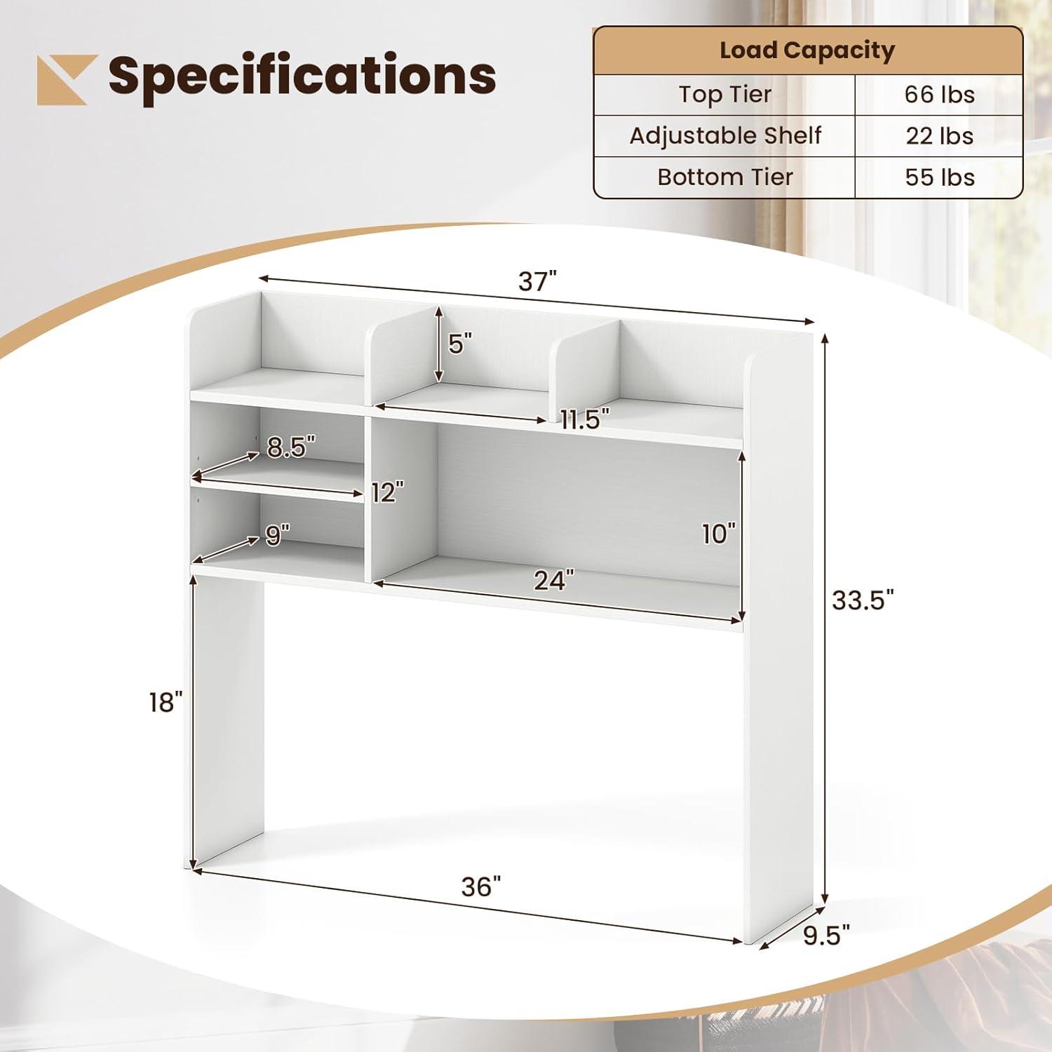 image:imageGiantex Desktop Bookshelf Countertop Storage Hutch with 4 Shelves for Computer Desk Dressing Tabletop Display Rack Multipurpose Desk Hutch Storage Organizer for Home Office Dorm BlackWhite