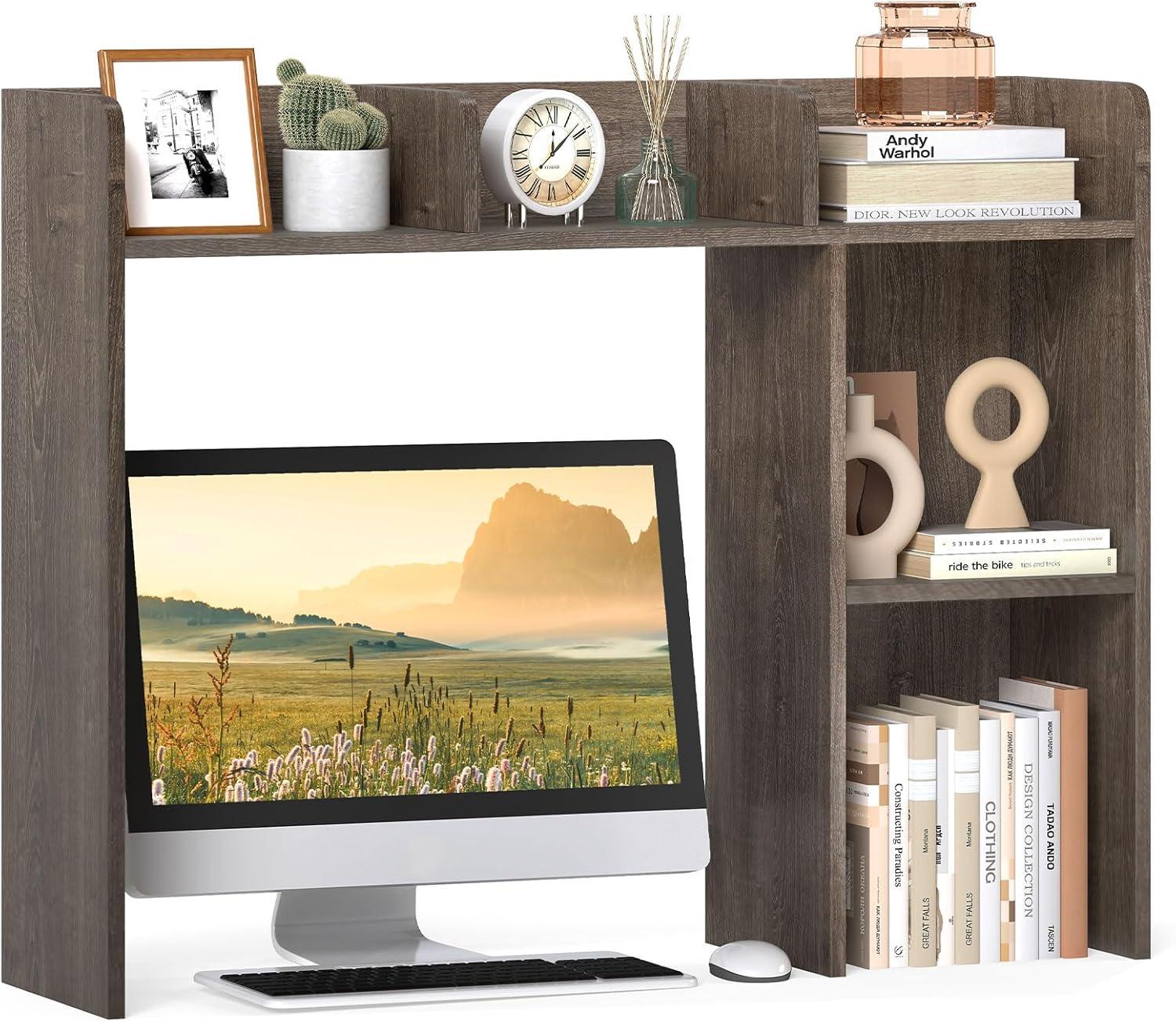 image:imageGiantex Desktop Bookshelf Countertop Storage Hutch with 4 Shelves for Computer Desk Dressing Tabletop Display Rack Multipurpose Desk Hutch Storage Organizer for Home Office Dorm BlackGrey Oak