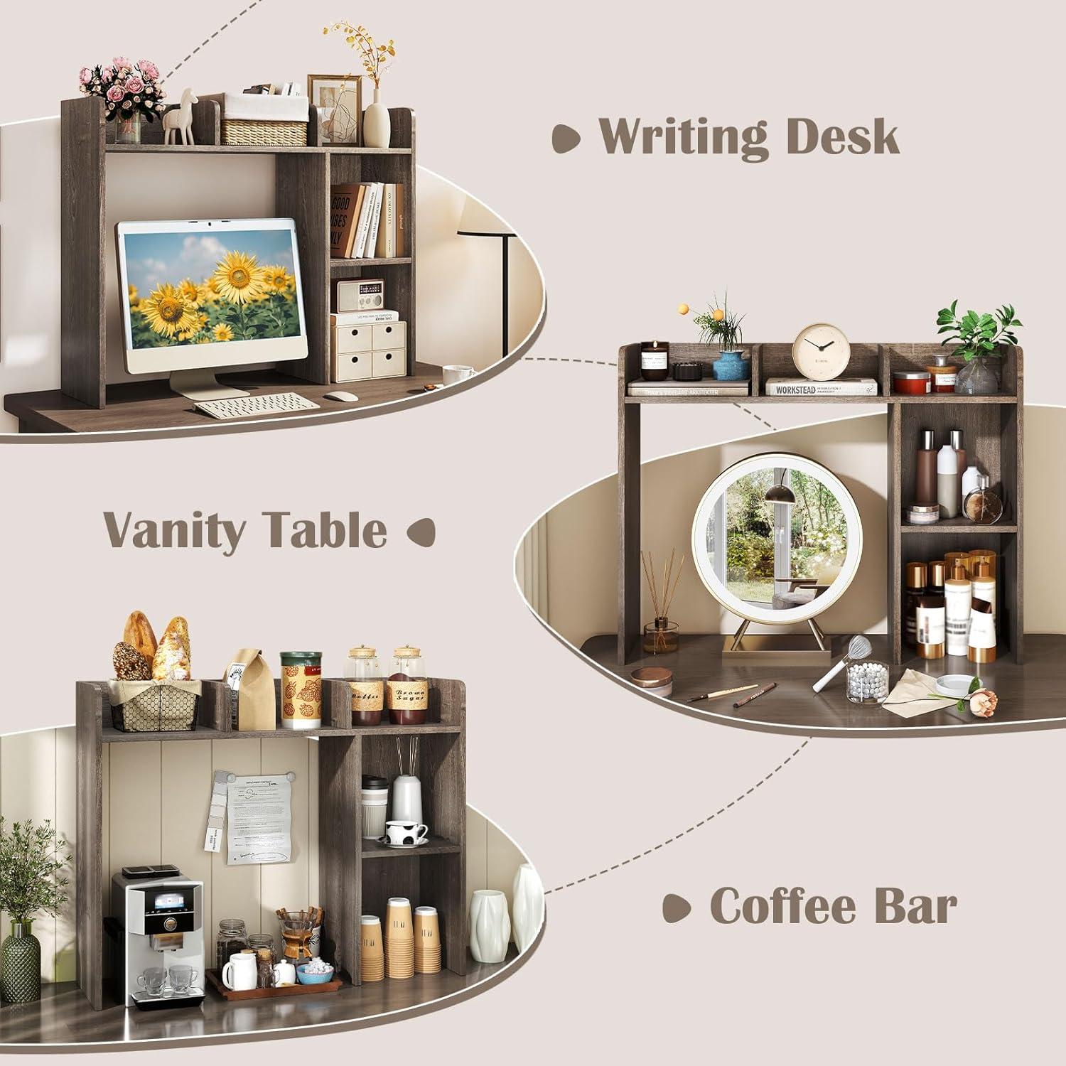 image:imageGiantex Desktop Bookshelf Countertop Storage Hutch with 4 Shelves for Computer Desk Dressing Tabletop Display Rack Multipurpose Desk Hutch Storage Organizer for Home Office Dorm BlackGrey Oak