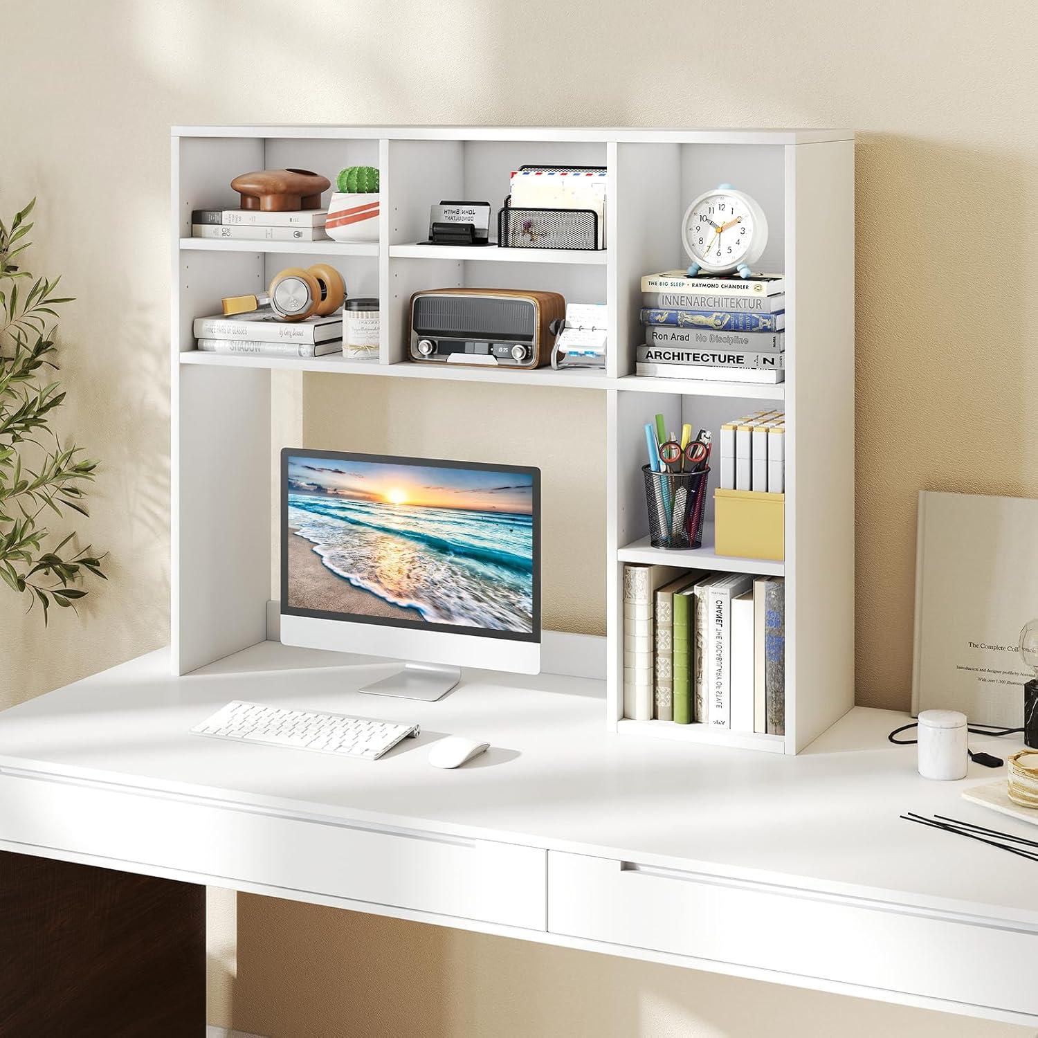 image:imageGiantex Desktop Bookshelf Countertop Storage Hutch with 4 Shelves for Computer Desk Dressing Tabletop Display Rack Multipurpose Desk Hutch Storage Organizer for Home Office Dorm BlackWhite