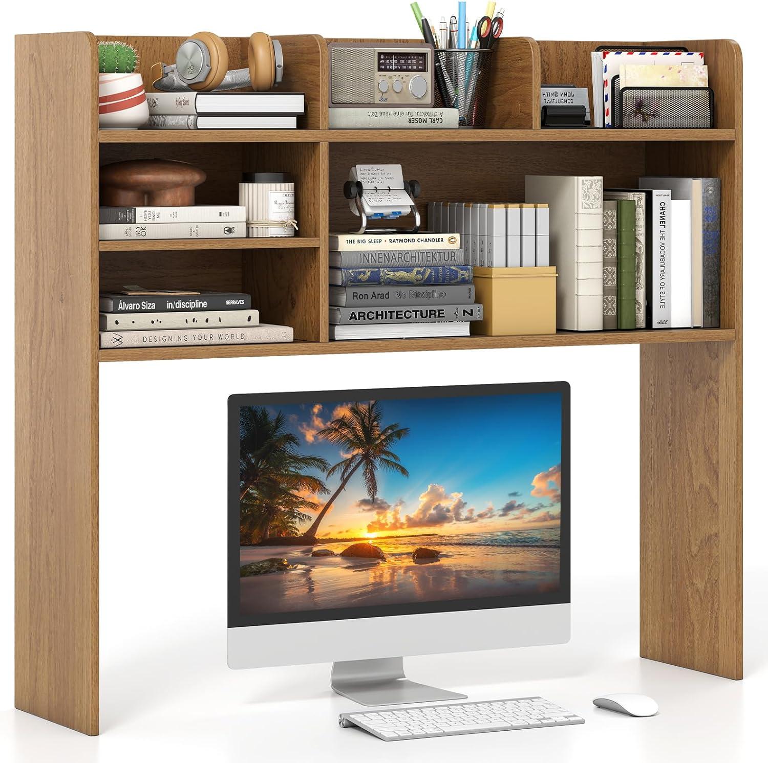 image:imageGiantex Desktop Bookshelf Countertop Storage Hutch with 4 Shelves for Computer Desk Dressing Tabletop Display Rack Multipurpose Desk Hutch Storage Organizer for Home Office Dorm BlackNatural