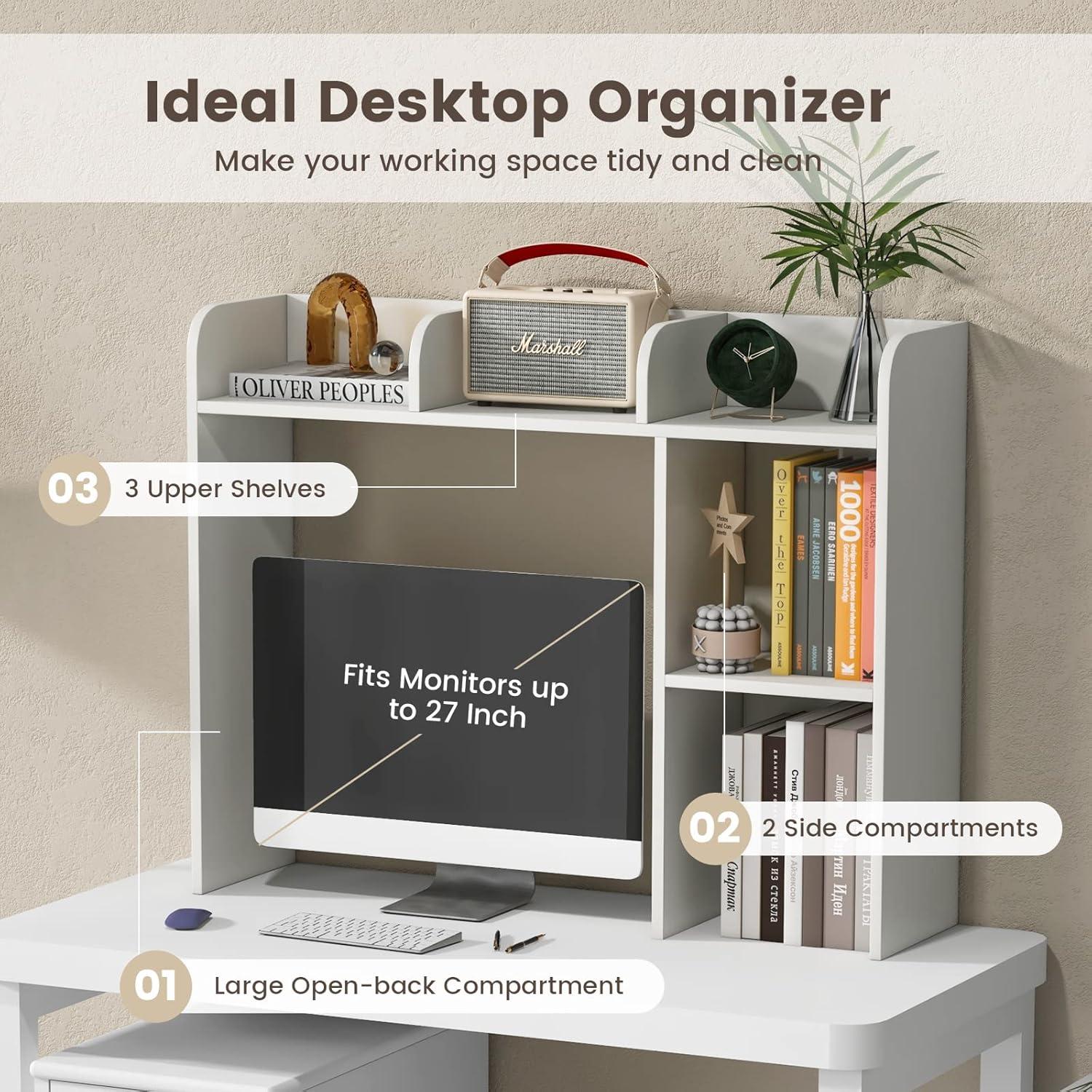 image:imageGiantex Desktop Bookshelf Countertop Storage Hutch with 4 Shelves for Computer Desk Dressing Tabletop Display Rack Multipurpose Desk Hutch Storage Organizer for Home Office Dorm BlackWhite